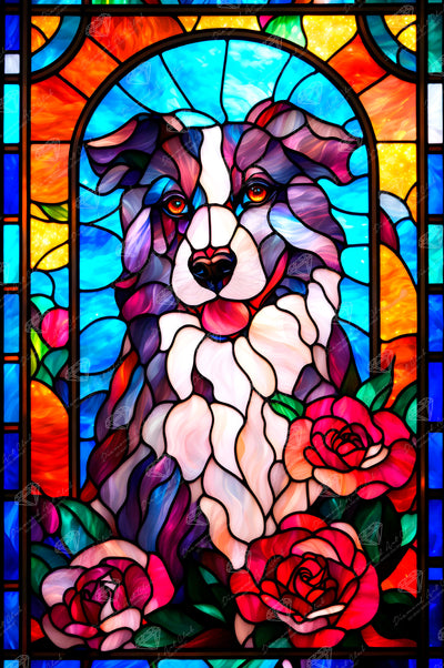 Diamond Painting Stained Glass Border Collie 22" x 33" (55.6cm x 83.7cm) / Round with 77 Colors including 3 ABs and 4 Fairy Dust Diamonds / 61,408