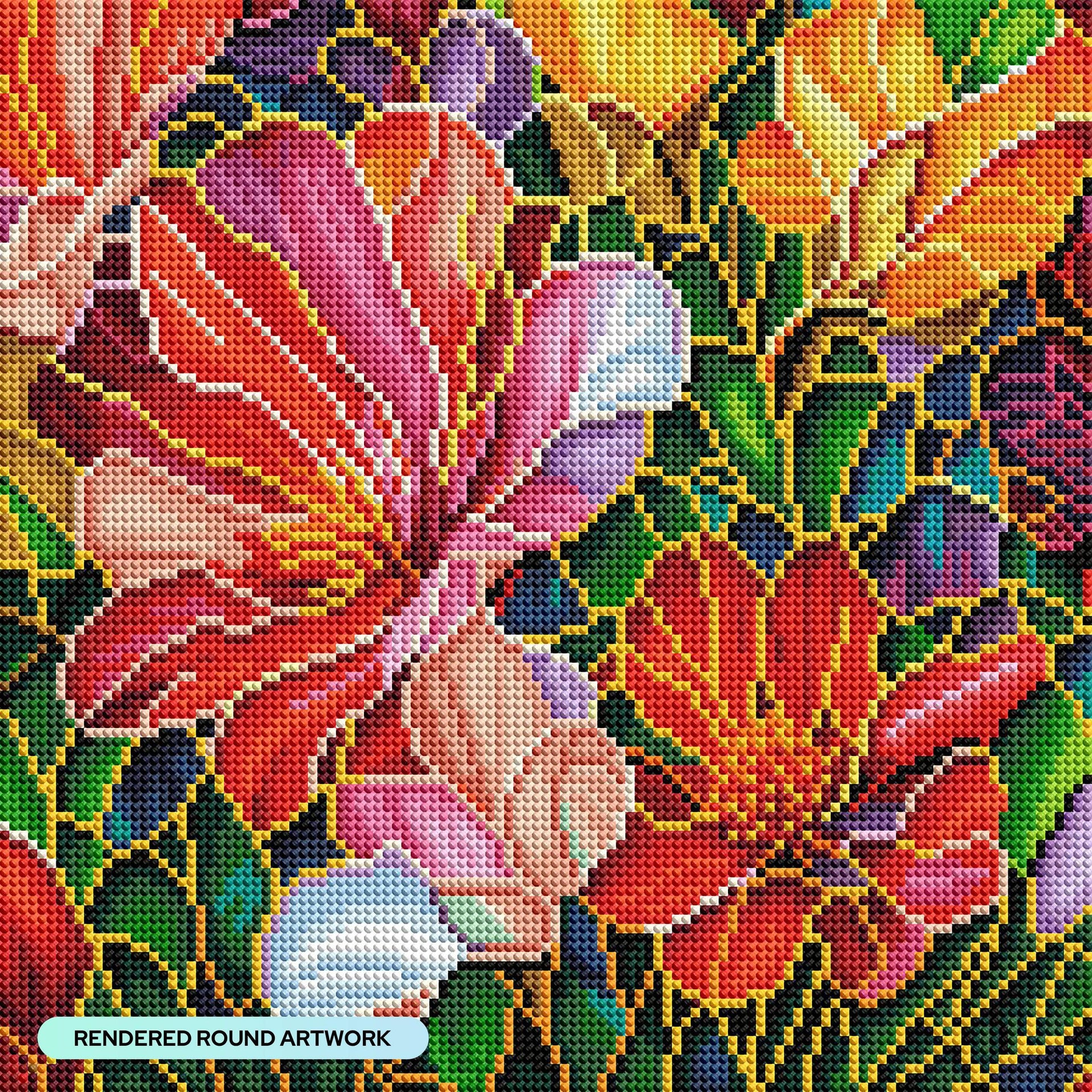 Diamond Painting Stained Glass Flower-AMZ 13" x 13" (32.8cm x 32.8cm) / Round with 53 Colors including 3 ABs and 1 Fairy Dust Diamonds / 13,689