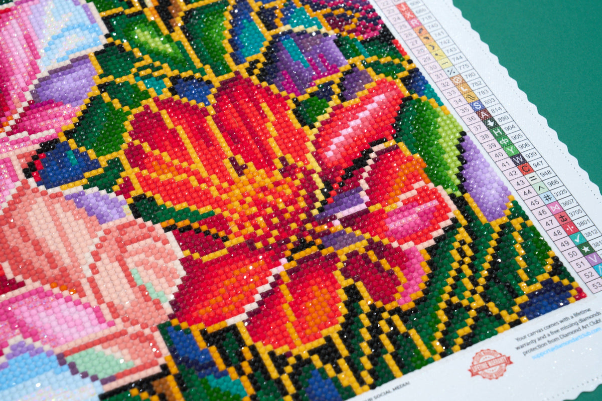 Diamond Painting Stained Glass Flower-AMZ 13" x 13" (32.8cm x 32.8cm) / Round with 53 Colors including 3 ABs and 1 Fairy Dust Diamonds / 13,689