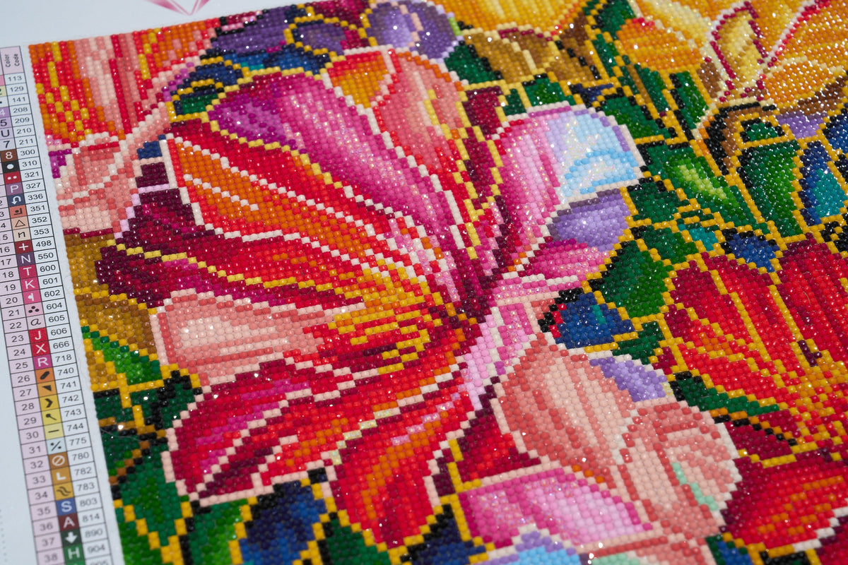 Diamond Painting Stained Glass Flower-AMZ 13" x 13" (32.8cm x 32.8cm) / Round with 53 Colors including 3 ABs and 1 Fairy Dust Diamonds / 13,689