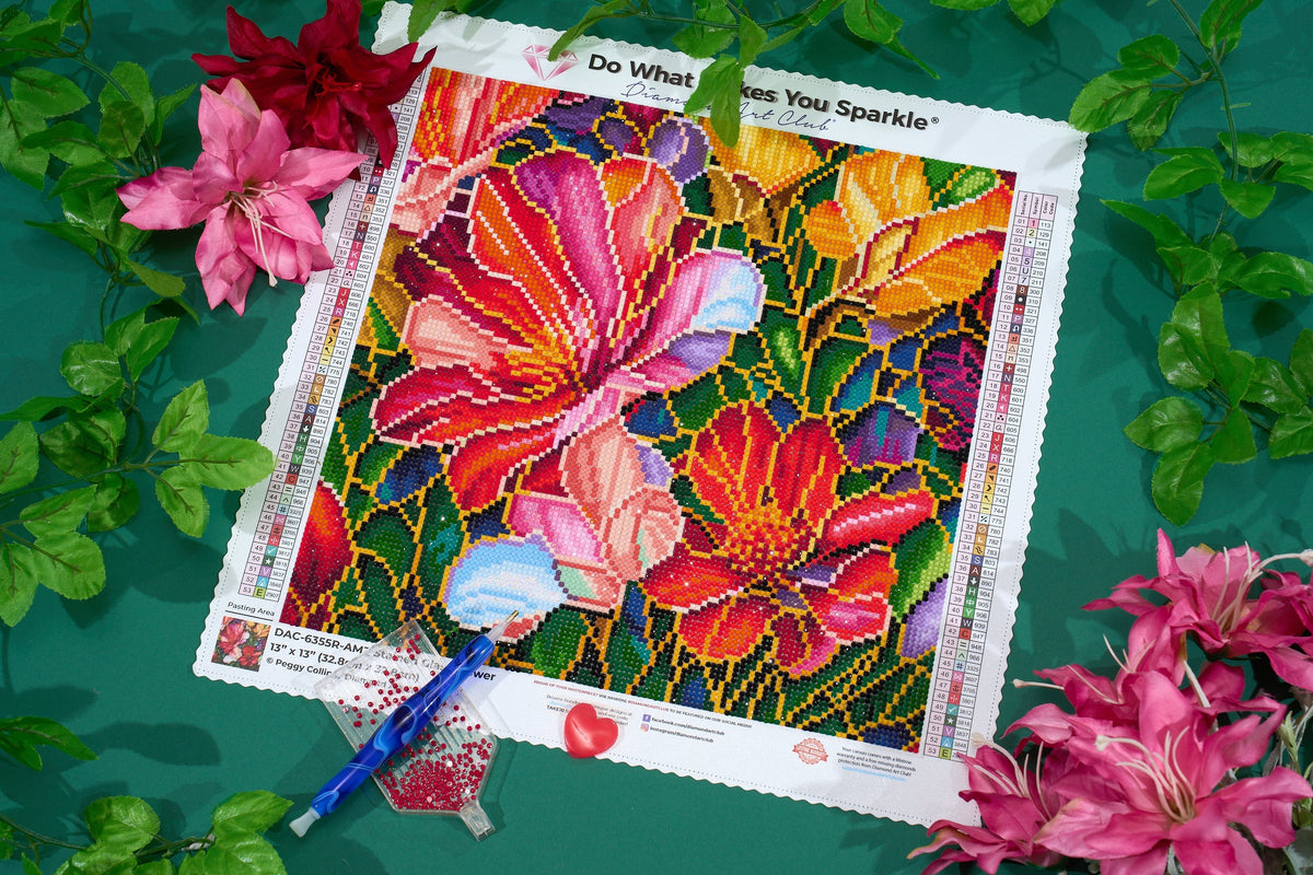 Diamond Painting Stained Glass Flower-AMZ 13" x 13" (32.8cm x 32.8cm) / Round with 53 Colors including 3 ABs and 1 Fairy Dust Diamonds / 13,689