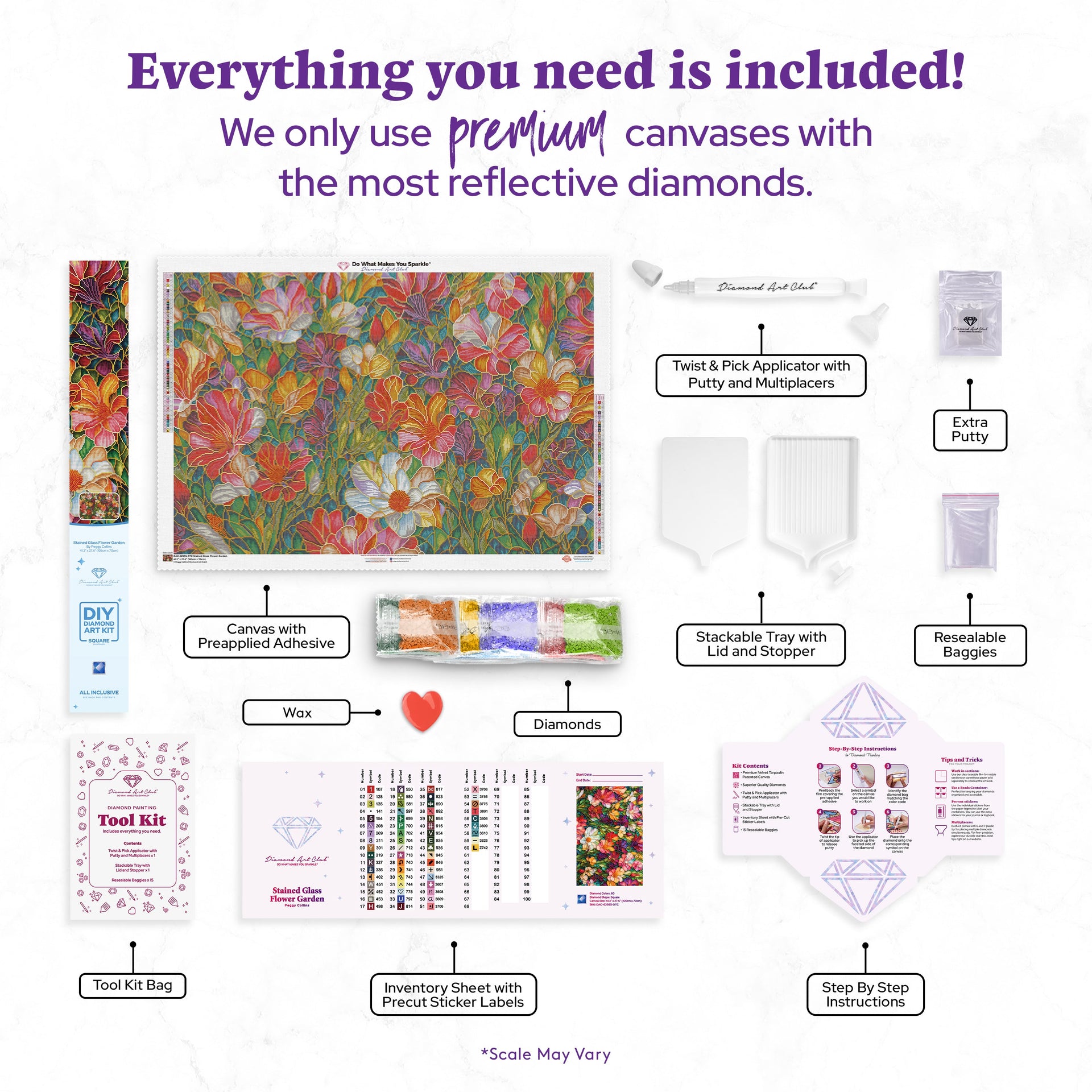 Diamond Painting Stained Glass Flower Garden 41.3" x 27.6" (105cm x 70cm) / Square with 60 Colors including 4 ABs and 1 Fairy Dust Diamonds / 118,301