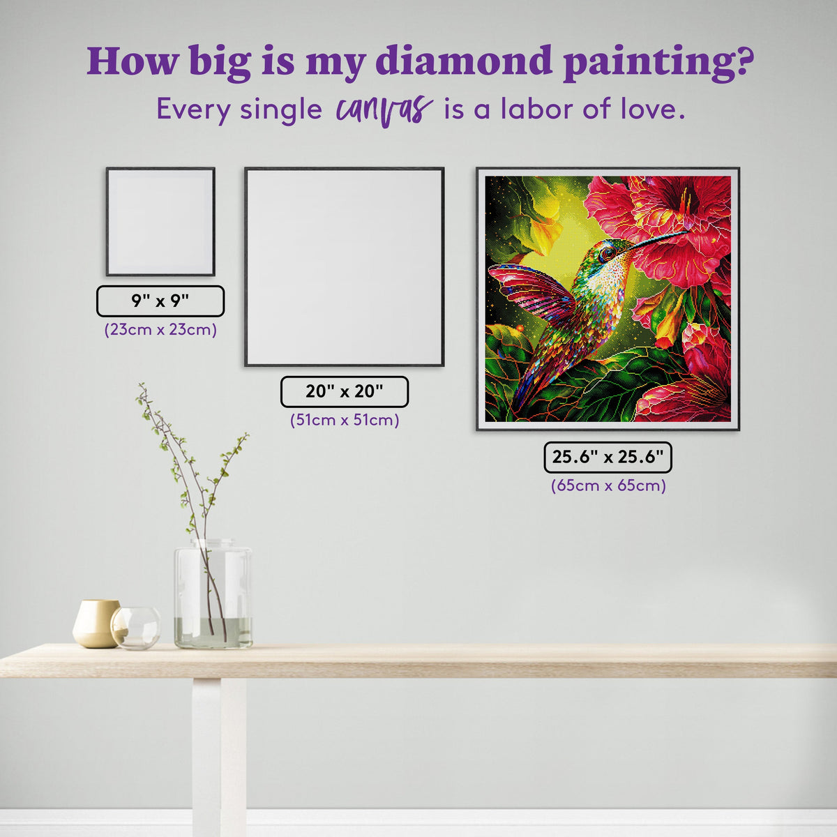 Diamond Painting Stained Glass Hummingbird & Hibiscus 25.6" x 25.6" (65cm x 65cm) / Square with 60 Colors including 4 ABs and 1 Fairy Dust Diamonds / 68,121