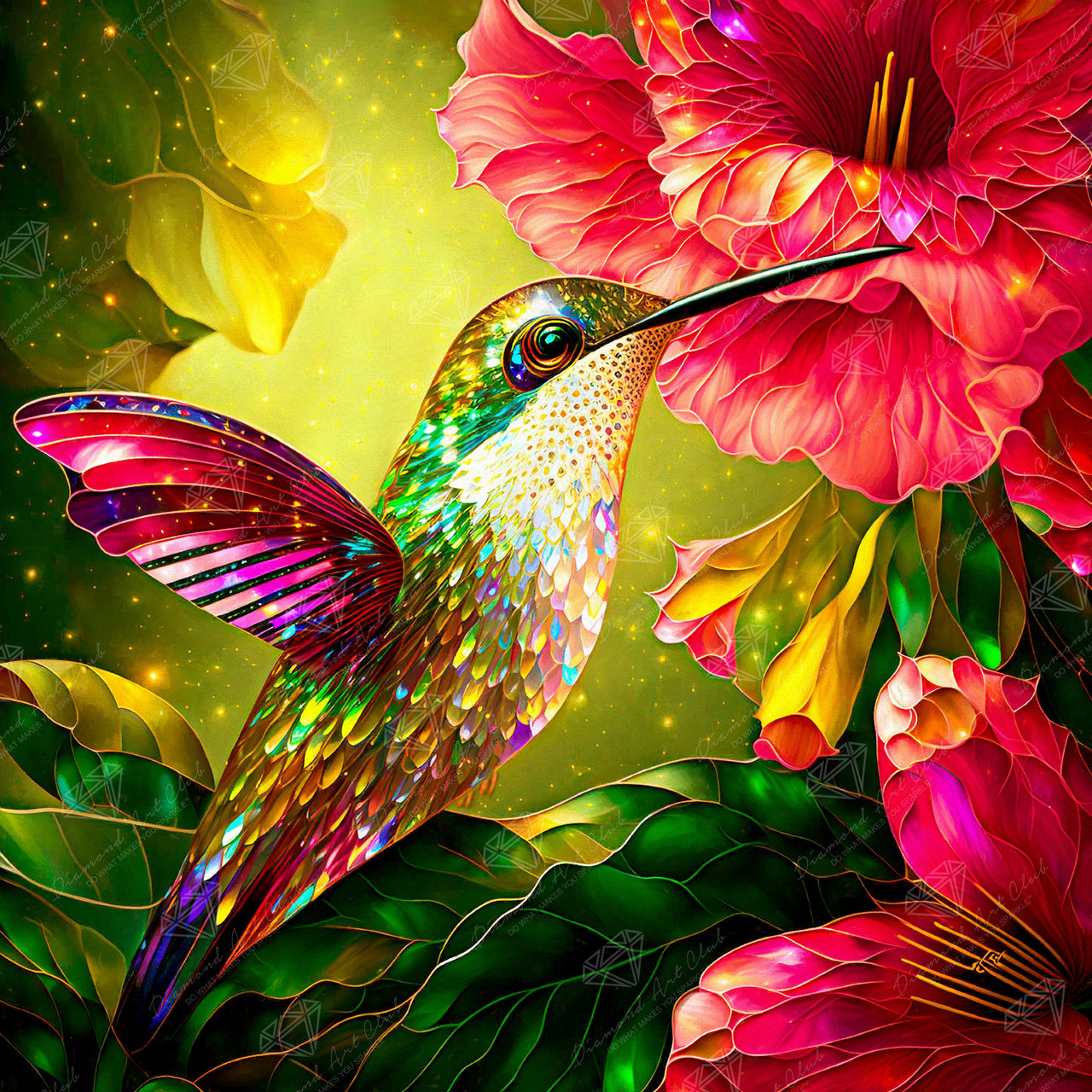 Diamond Painting Stained Glass Hummingbird & Hibiscus 25.6" x 25.6" (65cm x 65cm) / Square with 60 Colors including 4 ABs and 1 Fairy Dust Diamonds / 68,121