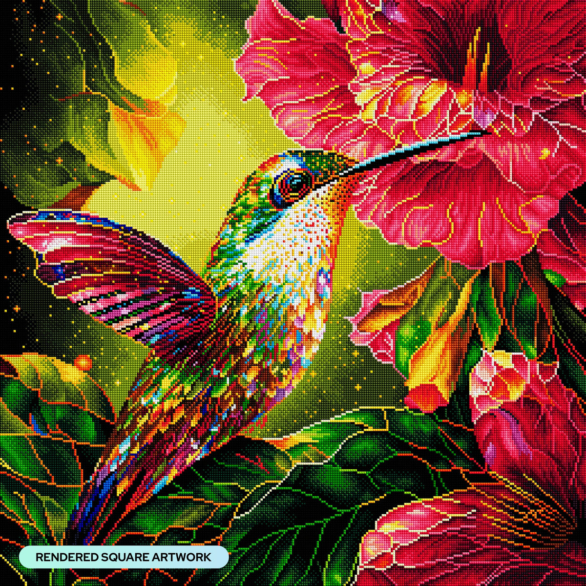 Diamond Painting Stained Glass Hummingbird & Hibiscus 25.6" x 25.6" (65cm x 65cm) / Square with 60 Colors including 4 ABs and 1 Fairy Dust Diamonds / 68,121