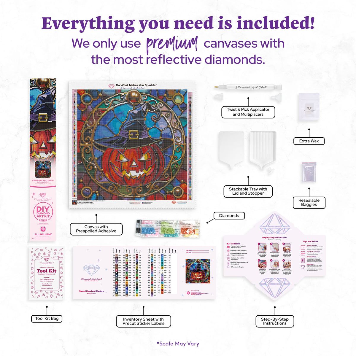 Diamond Painting Stained Glass Jack O'lantern 22" x 22" (55.6cm x 55.6cm) / Round with 84 Colors including 1 AB and 1 Electro Diamond and 1 Iridescent Diamond and 2 Fairy Dust Diamonds / 40,804