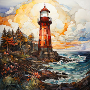 Diamond Painting Stained Glass Lighthouse 27.6" x 27.6" (69.9cm x 69.9cm) / Square with 76 Colors including 2 ABs and 2 Fairy Dust Diamonds / 78,961