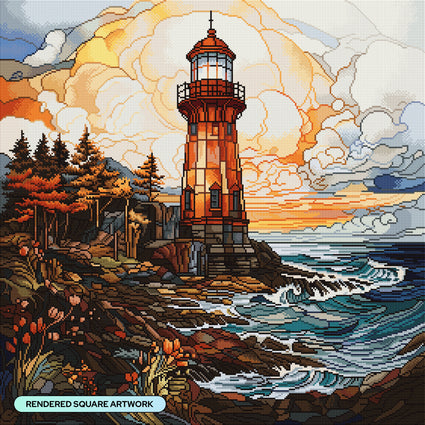 Diamond Painting Stained Glass Lighthouse 27.6" x 27.6" (69.9cm x 69.9cm) / Square with 76 Colors including 2 ABs and 2 Fairy Dust Diamonds / 78,961