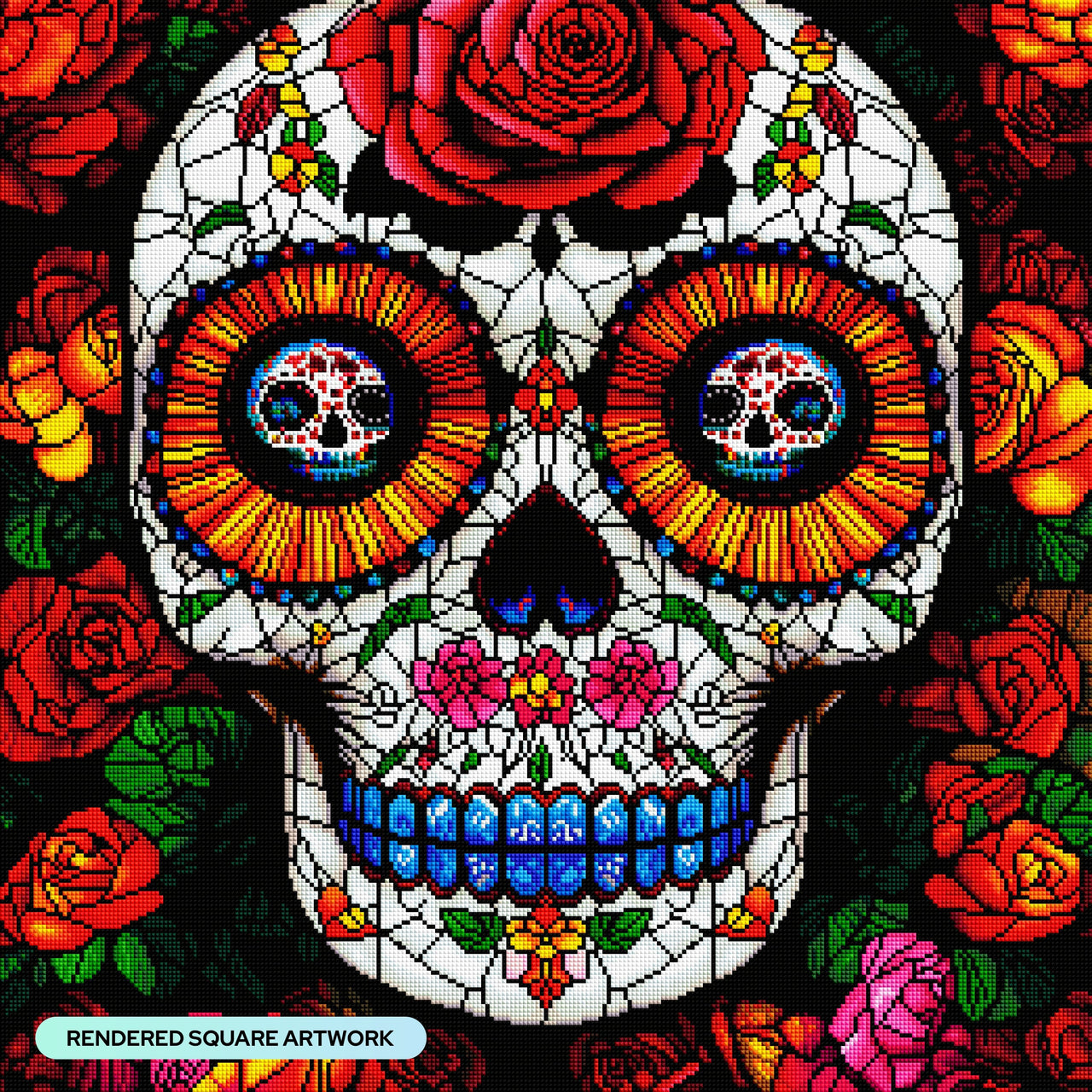 Diamond Painting Stained Glass Sugar Skull 25.6" x 25.6" (65cm x 65cm) / Square with 40 Colors including 5 ABs and 1 Fairy Dust Diamonds / 68,121