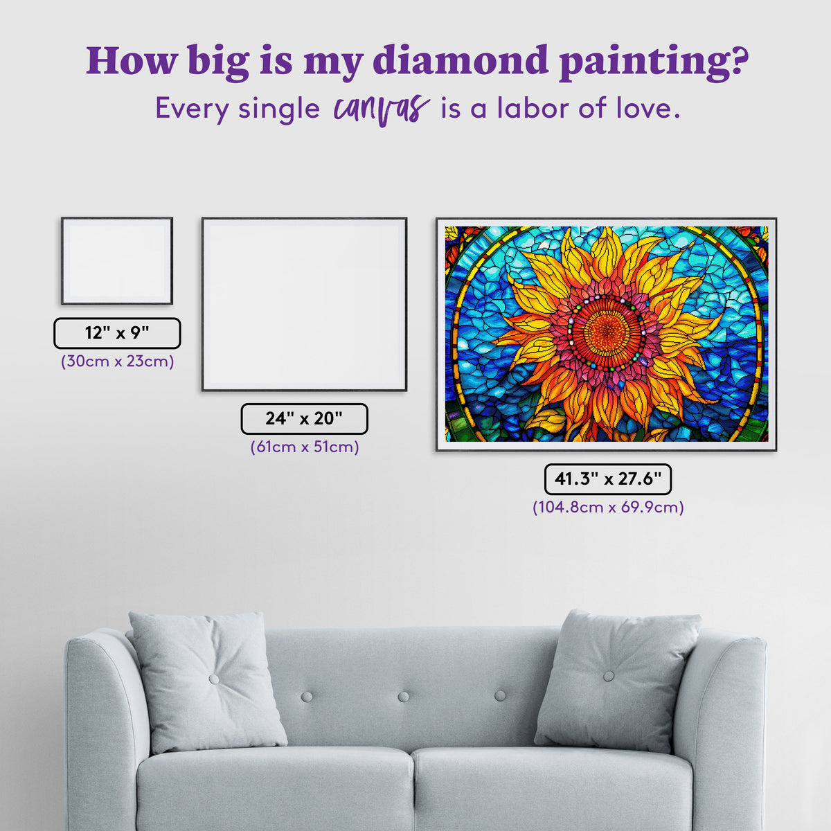 Diamond Painting Stained Glass Sunflower 41.3" x 27.6" (104.8cm x 69.9cm) / Square with 79 Colors including 2 ABs and 2 Iridescent Diamonds and 3 Fairy Dust Diamonds / 118,301