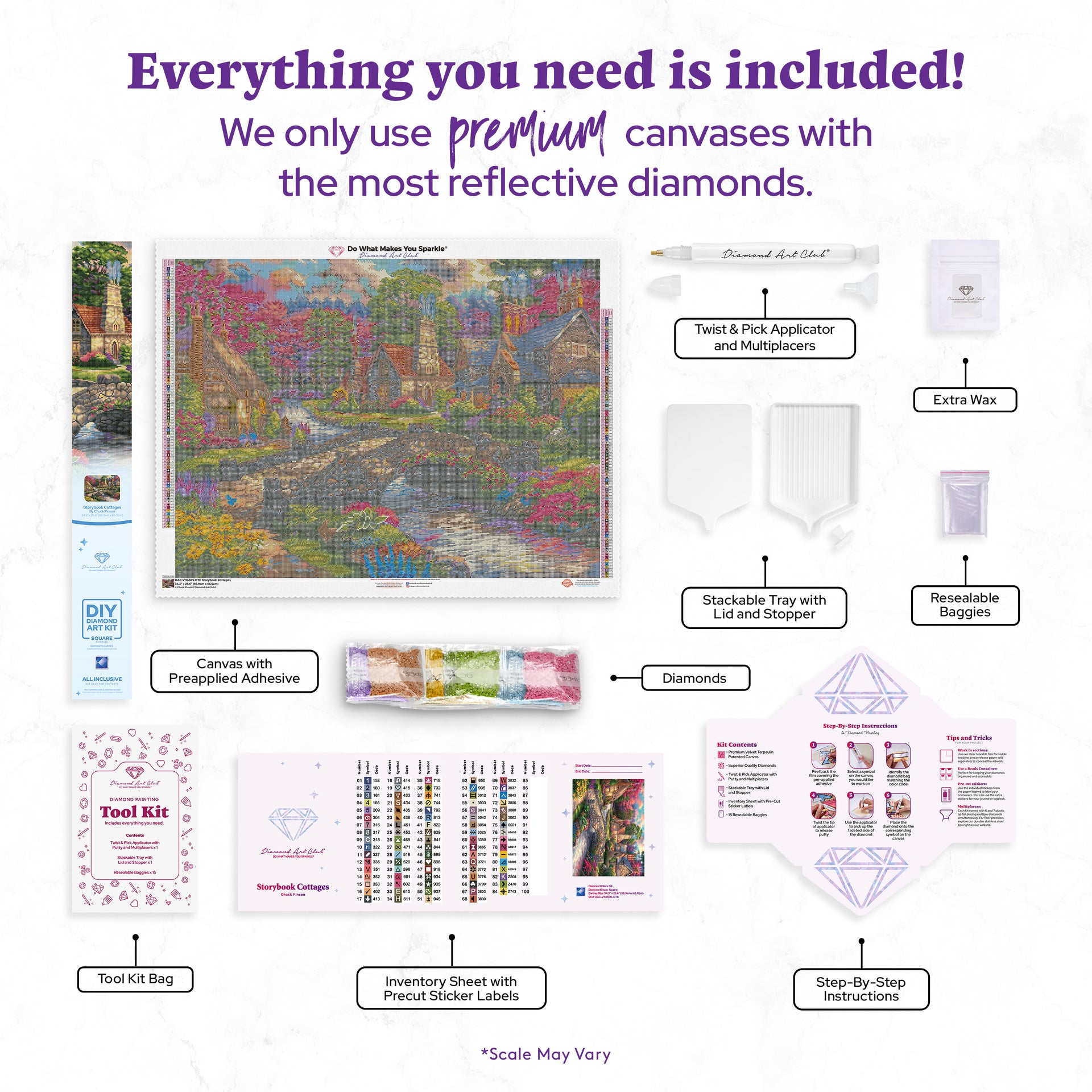 Diamond Painting Storybook Cottages 34.3" x 25.6" (86.9cm x 65cm) / Square With 84 Colors Including 6 ABs and 3 Fairy Dust Diamonds / 91,089