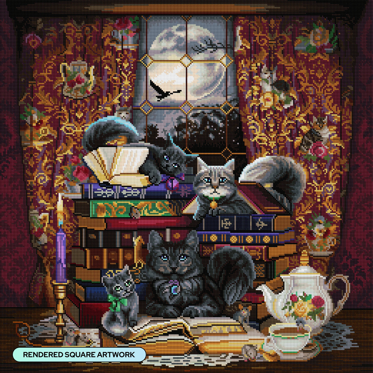 Diamond Painting Storytime Cats & Books 25.6" x 25.6" (65cm x 65cm) / Square With 67 Colors Including 2 ABs, 1 Electro Diamond, and 2 Fairy Dust Diamonds / 68,121