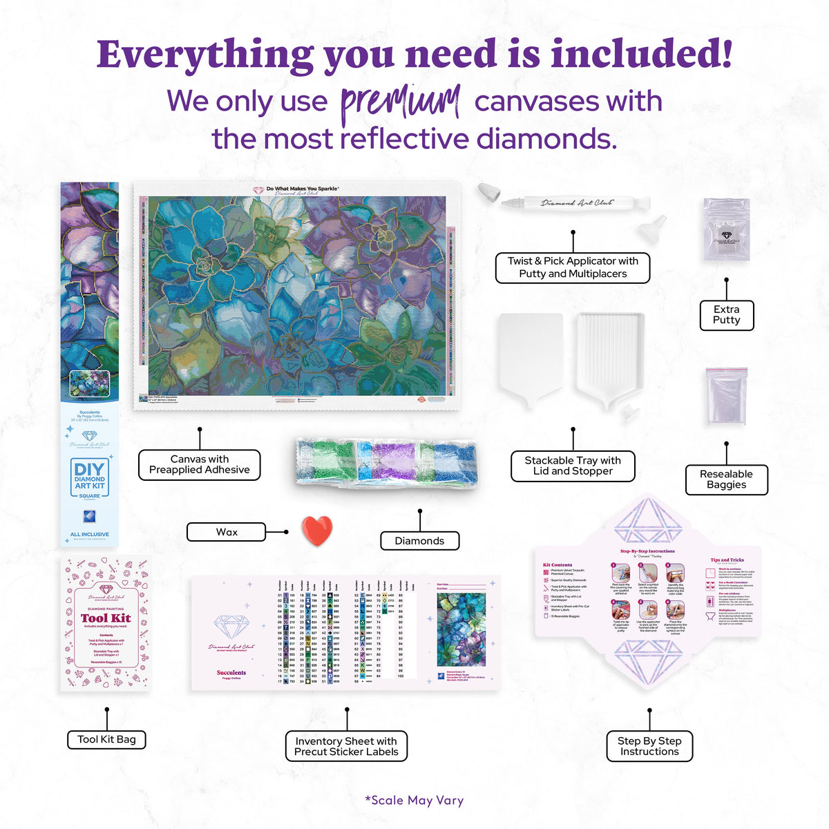 Diamond Painting Succulents 33" x 22" (83.7cm x 55.8cm) / Square with 72 Colors including 5 ABs and 1 Iridescent Diamond and 3 Fairy Dust Diamonds / 75,264