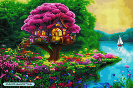 Diamond Painting Summer by the Lake Treehouse 38.6" x 25.6" (98cm x 65cm) / Square with 58 Colors including 5 ABs and 3 Fairy Dust Diamonds / 102,573