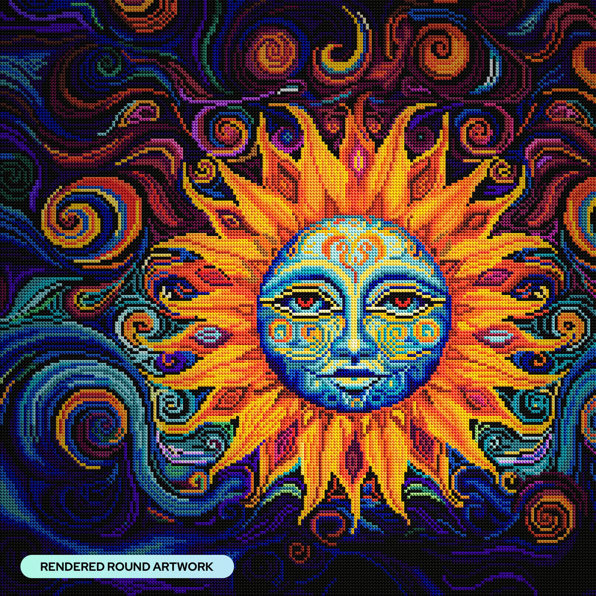 Diamond Painting Sun Face 22" x 22" (55.6cm x 55.6cm) / Round with 40 Colors including 2 ABs and 1 Fairy Dust Diamond / 40,804
