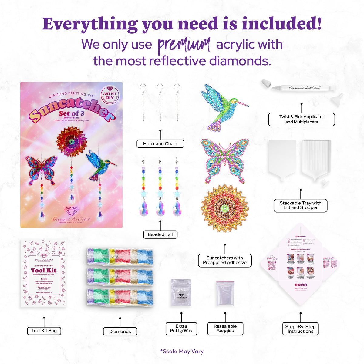 Diamond Painting Suncatchers - Hummingbird/Sunflower/Butterfly - Round 2 11.8" x 3.9" (30cm x 10cm) / Round with 13 Colors Including 10 Iridescent Diamonds and 3 Special Diamonds / 1,480