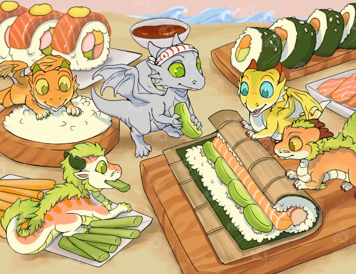 Diamond Painting Sushi Whelps Making Sushi 30.7" x 23.6" (77.9cm x 60cm) / Square With 61 Colors Including 1 AB and 6 Fairy Dust Diamonds / 75,433