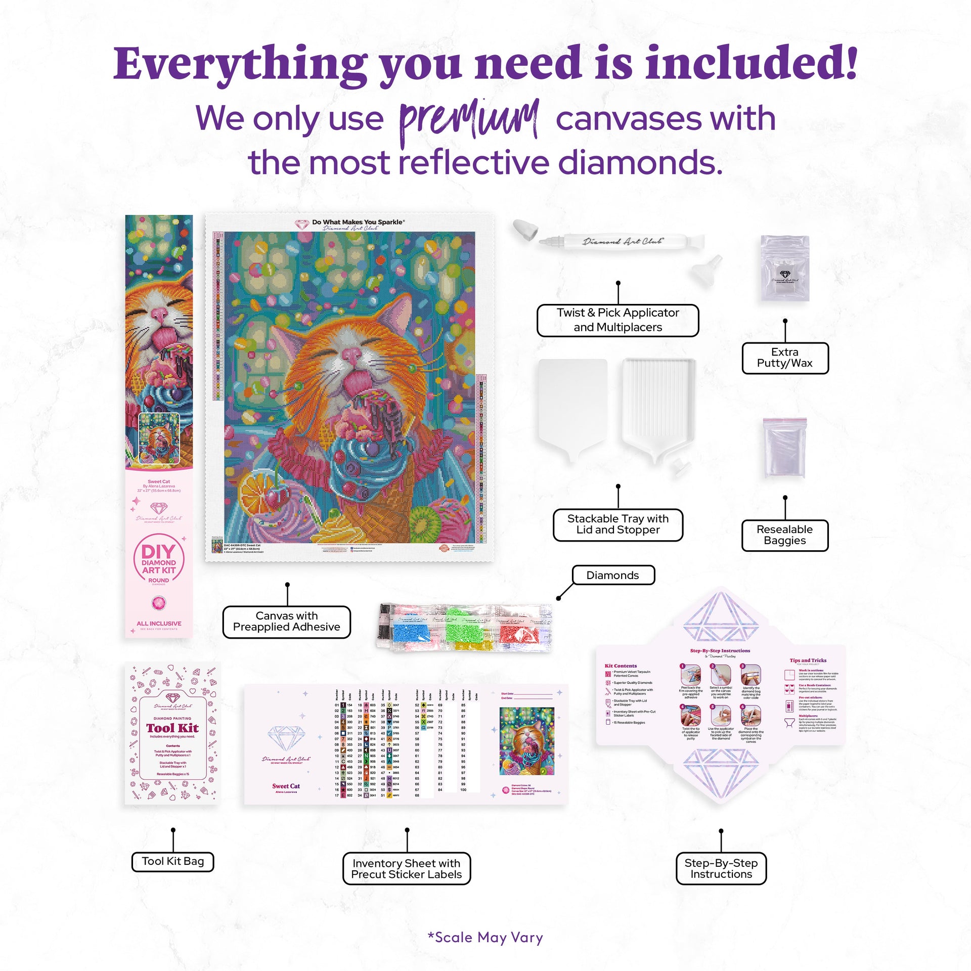 Diamond Painting Sweet Cat 22" x 27" (55.6cm x 68.8cm) / Round with 56 Colors including 3 ABs and 4 Fairy Dust Diamonds / 50,500