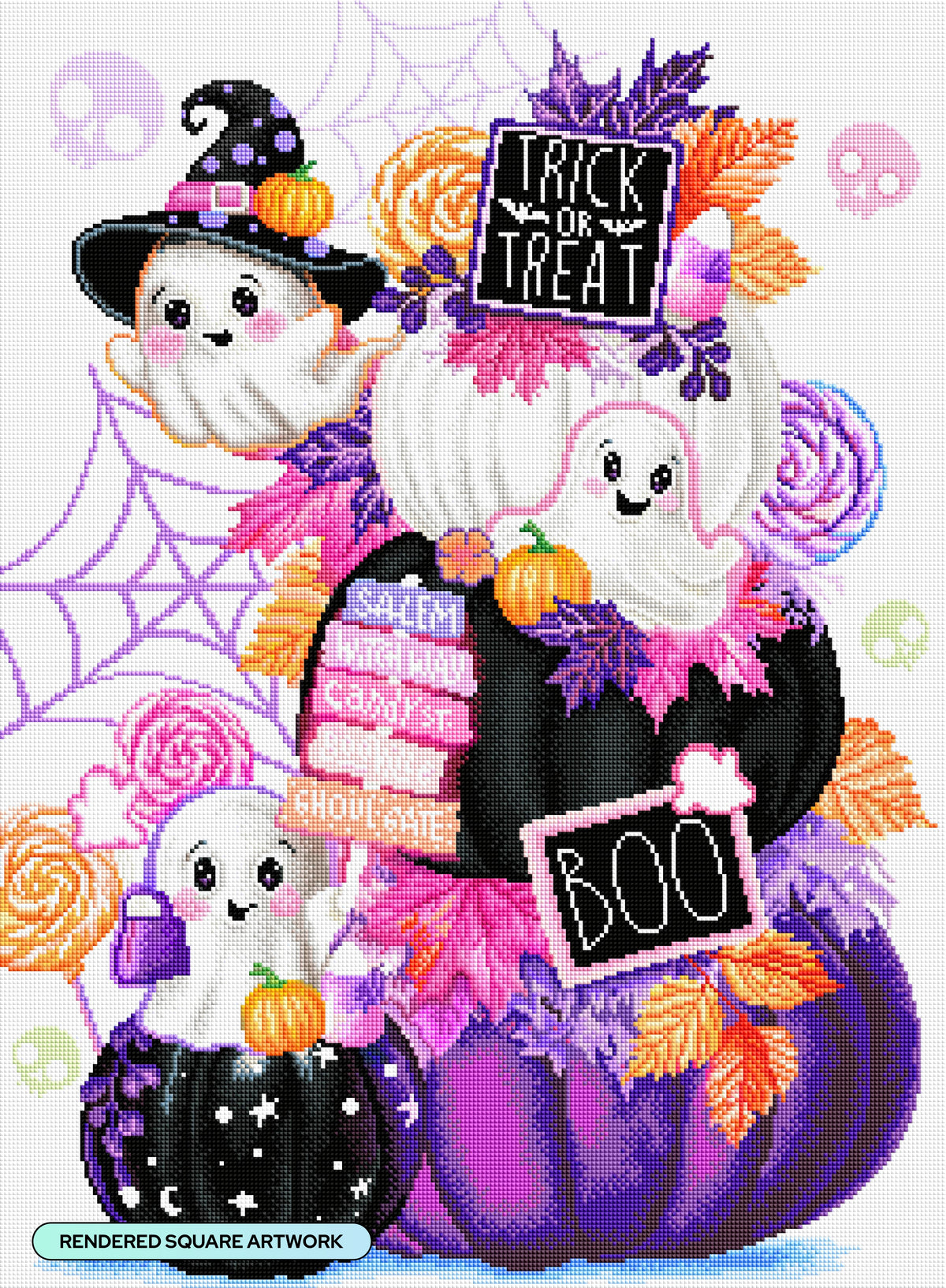 Diamond Painting Sweet Ghosts Pumpkin Stack 22" x 30" (55.8cm x 75.9cm) / Square with 55 Colors including 3 ABs and 4 Fairy Dust Diamonds / 68,320