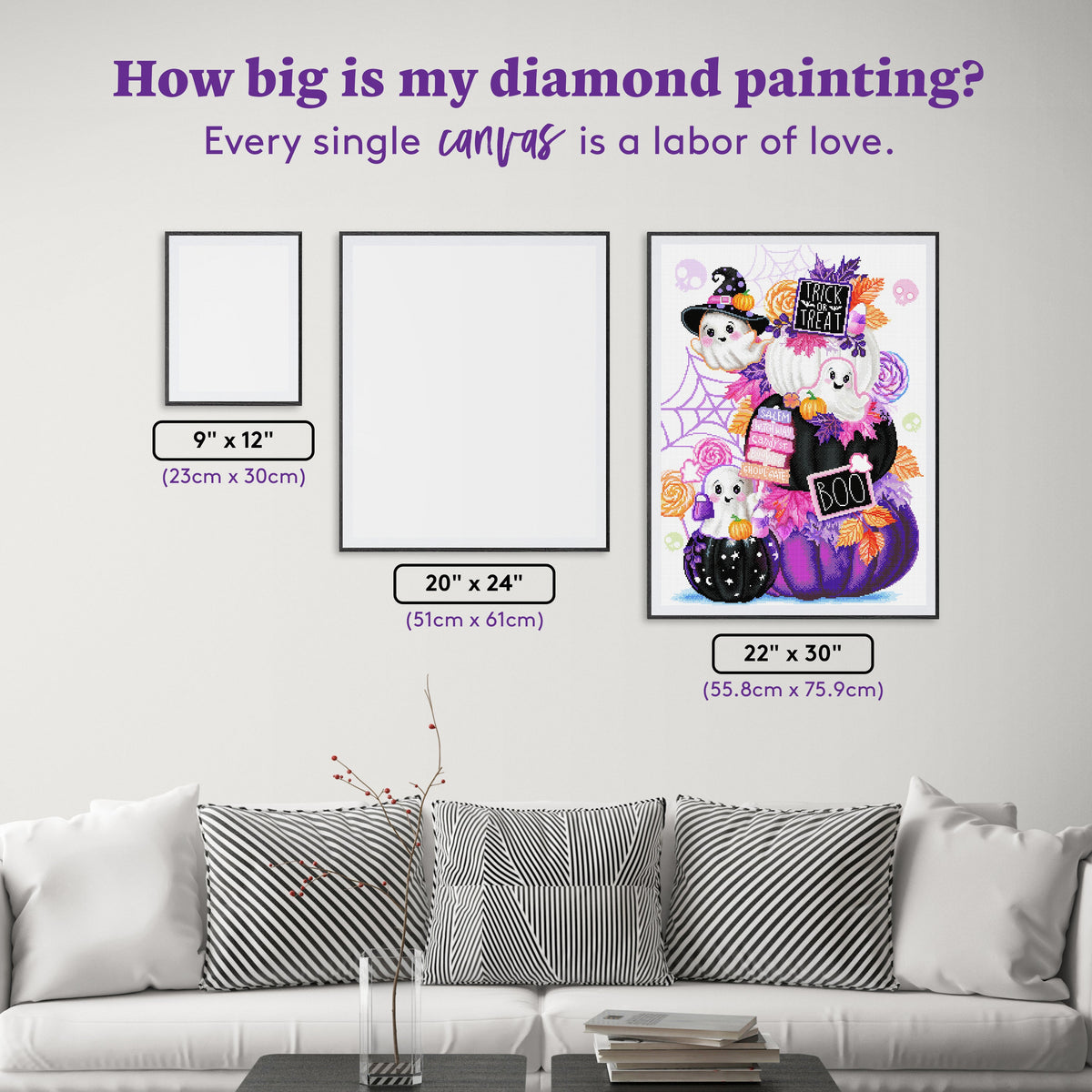 Diamond Painting Sweet Ghosts Pumpkin Stack 22" x 30" (55.8cm x 75.9cm) / Square with 55 Colors including 3 ABs and 4 Fairy Dust Diamonds / 68,320