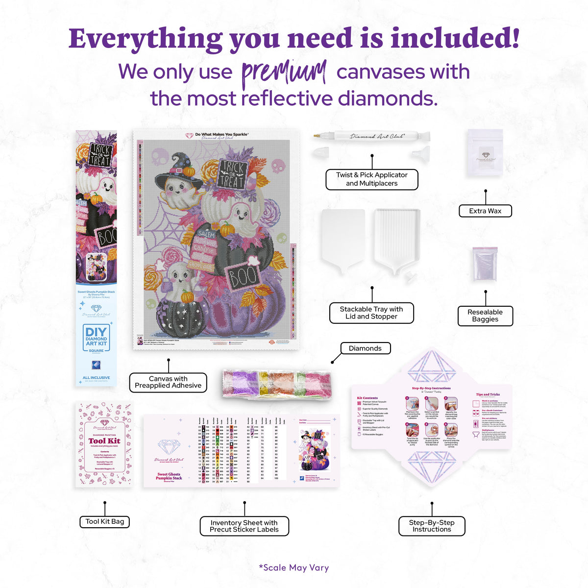 Diamond Painting Sweet Ghosts Pumpkin Stack 22" x 30" (55.8cm x 75.9cm) / Square with 55 Colors including 3 ABs and 4 Fairy Dust Diamonds / 68,320