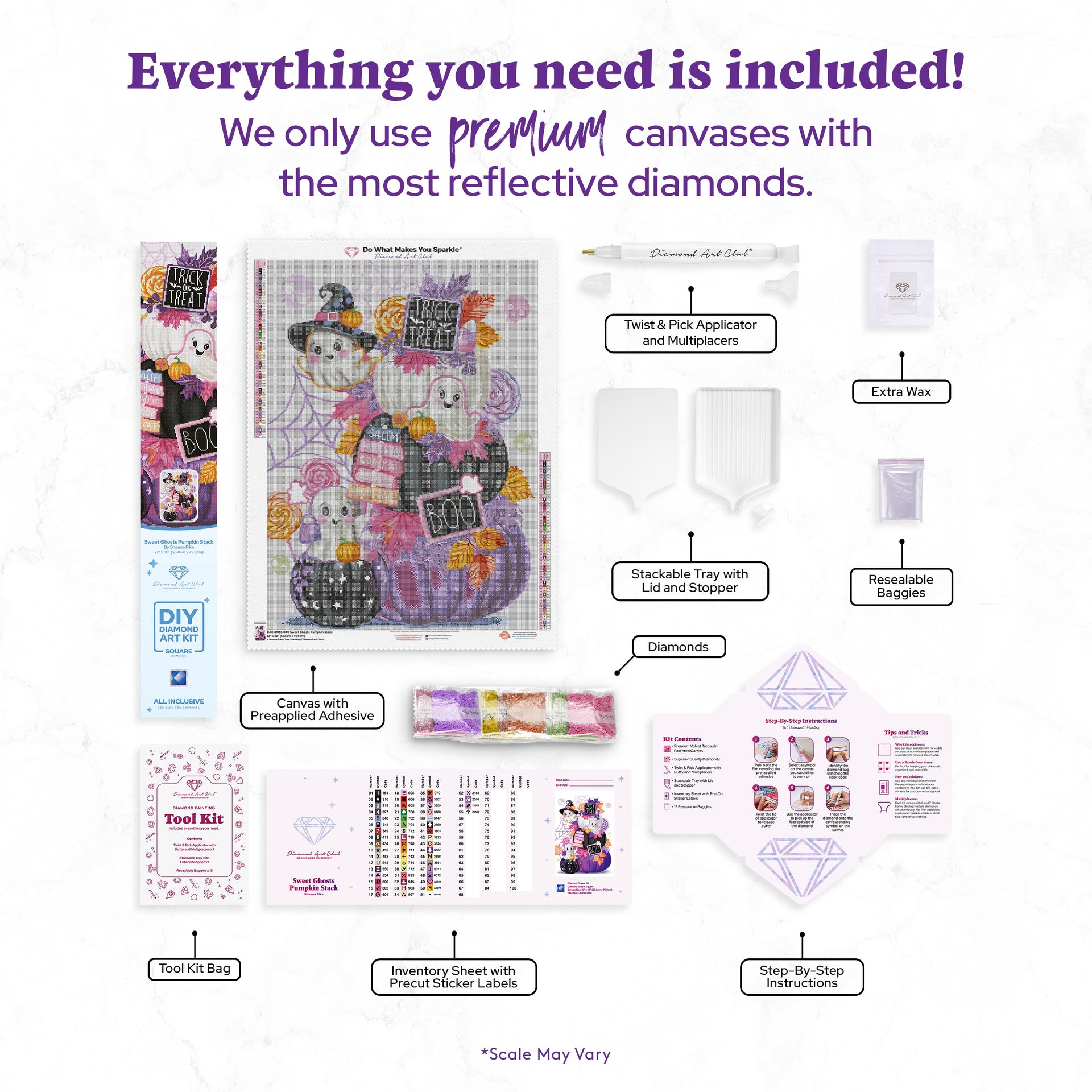 Diamond Painting Sweet Ghosts Pumpkin Stack 22" x 30" (55.8cm x 75.9cm) / Square with 55 Colors including 3 ABs and 4 Fairy Dust Diamonds / 68,320