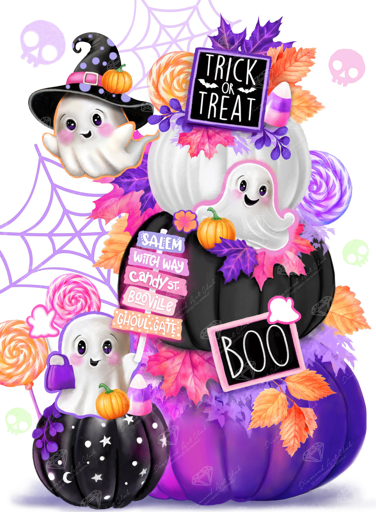 Diamond Painting Sweet Ghosts Pumpkin Stack 22" x 30" (55.8cm x 75.9cm) / Square with 55 Colors including 3 ABs and 4 Fairy Dust Diamonds / 68,320