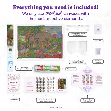 Diamond Painting Thatched Cottage 38.6" x 27.6" (97.8cm x 69.9cm) / Square with 80 Colors including 4 ABs and 2 Fairy Dust Diamonds / 110,433