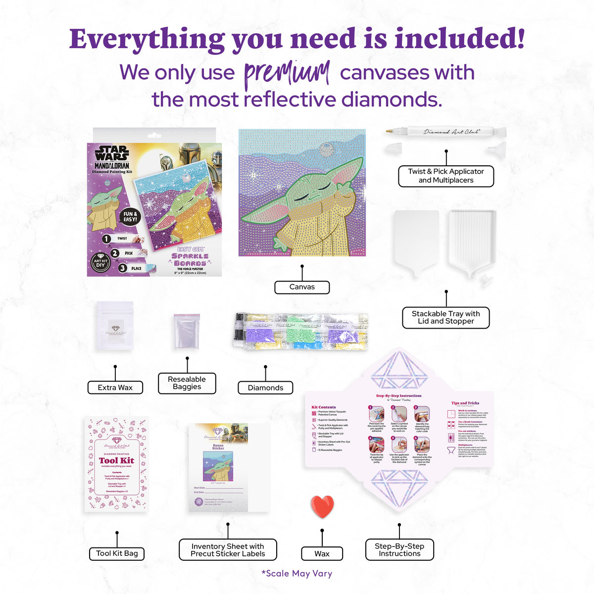 Diamond Painting The Force Master (Grogu) - Easy Gem™ Sparkle Boards 9" x 9" (22cm x 22cm) / Round with 11 Colors including 11 Iridescent Diamonds / 2,305