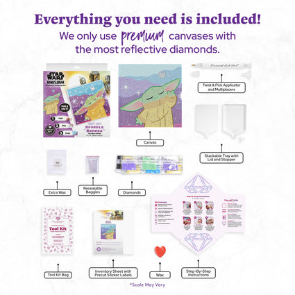Diamond Painting The Force Master (Grogu) - Easy Gem™ Sparkle Boards 9" x 9" (22cm x 22cm) / Round with 11 Colors including 11 Iridescent Diamonds / 2,305