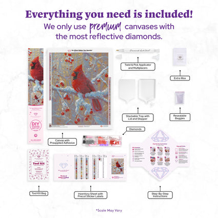 Diamond Painting The Joy of Winter Cardinal 22" x 28" (55.6cm x 70.7cm) / Round with 71 Colors including 1 AB and 3 Fairy Dust Diamonds / 51,914