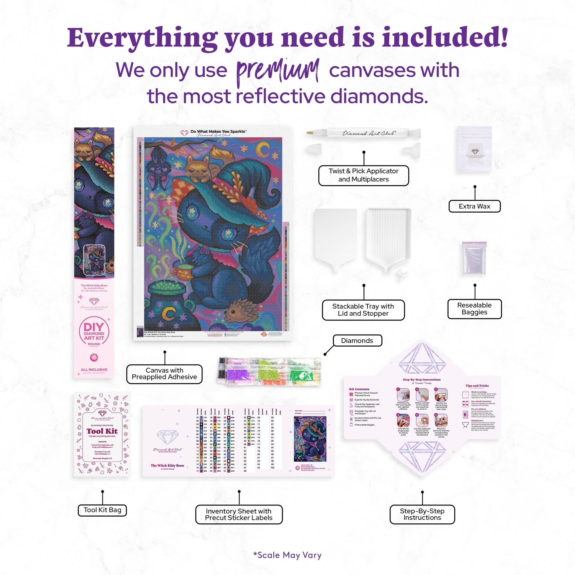 Diamond Painting The Witch Kitty Brew 20" x 28" (50.6cm x 70.7cm) / Round with 60 Colors including 1 AB and 7 Fairy Dust Diamonds / 47,288