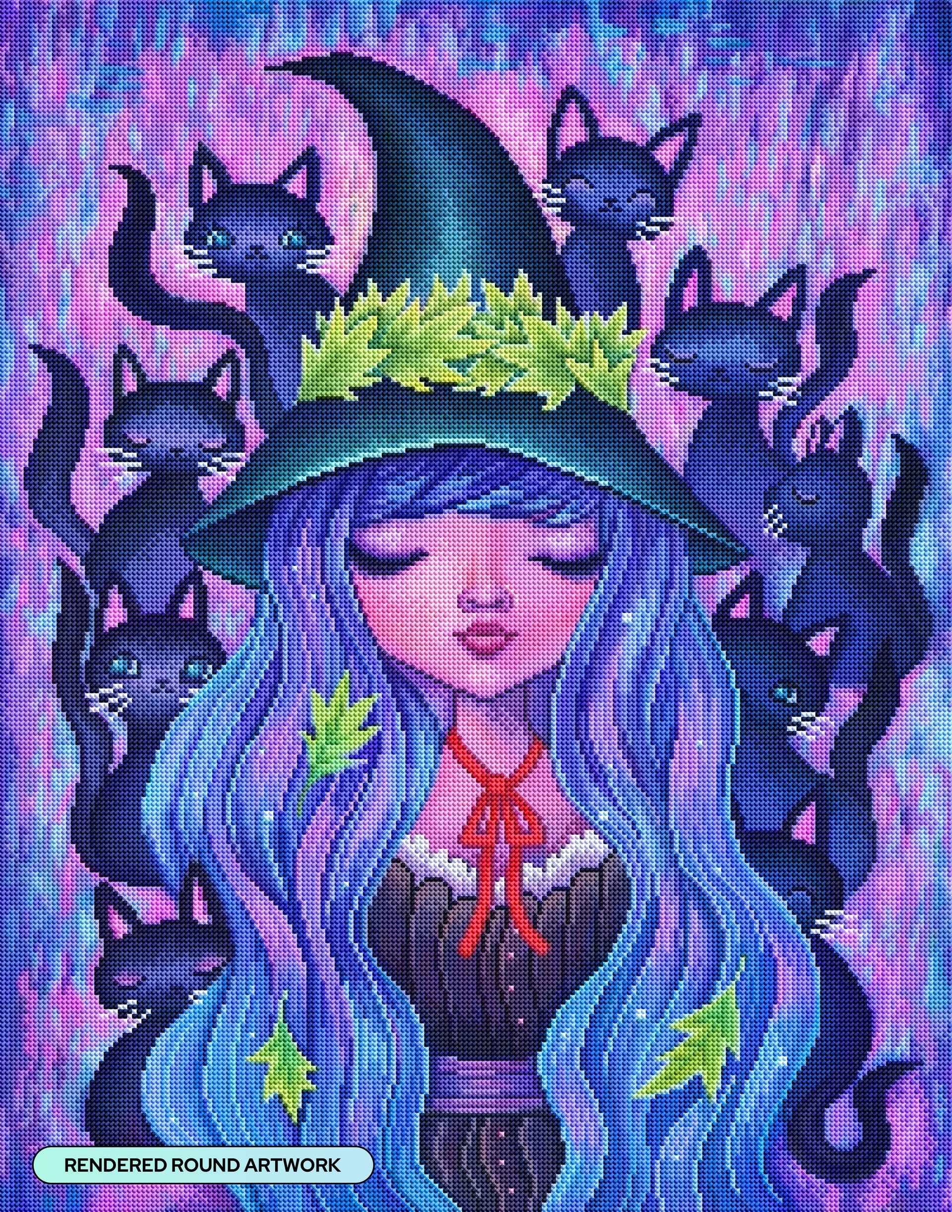 Diamond Painting The Witch's Cats 22" x 28" (55.6cm x 70.7cm) / Round with 57 Colors including 2 ABs and 3 Fairy Dust Diamonds / 51,914