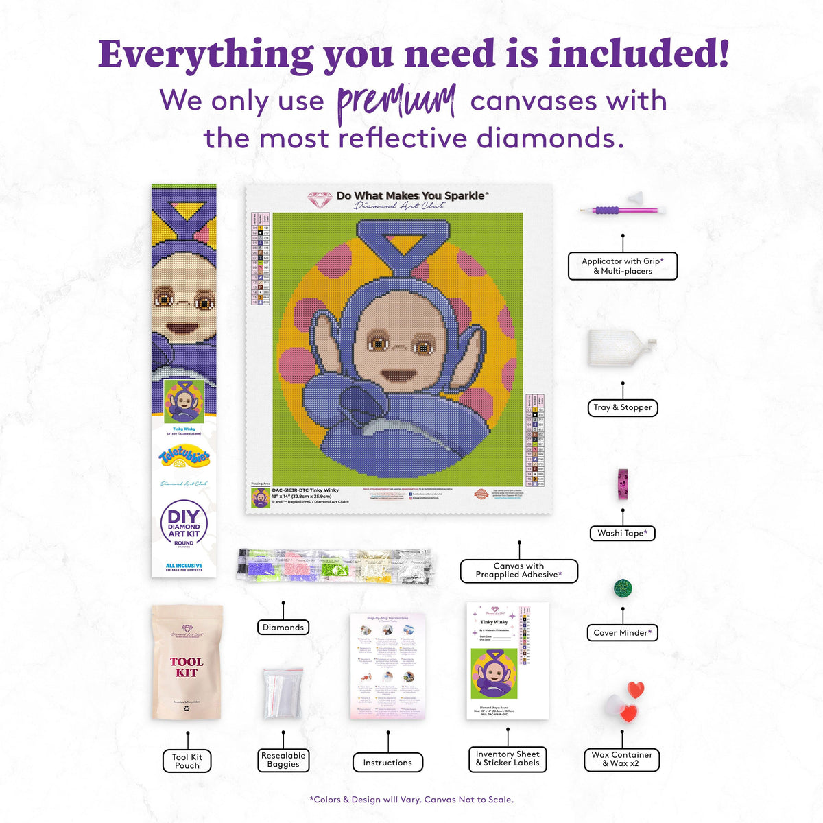 Diamond Painting Tinky Winky 13" x 14" (32.8cm x 35.9cm) / Round with 16 Colors including 1 AB Diamonds and 1 Electro Diamonds and 1 Fairy Dust Diamonds / 14,976