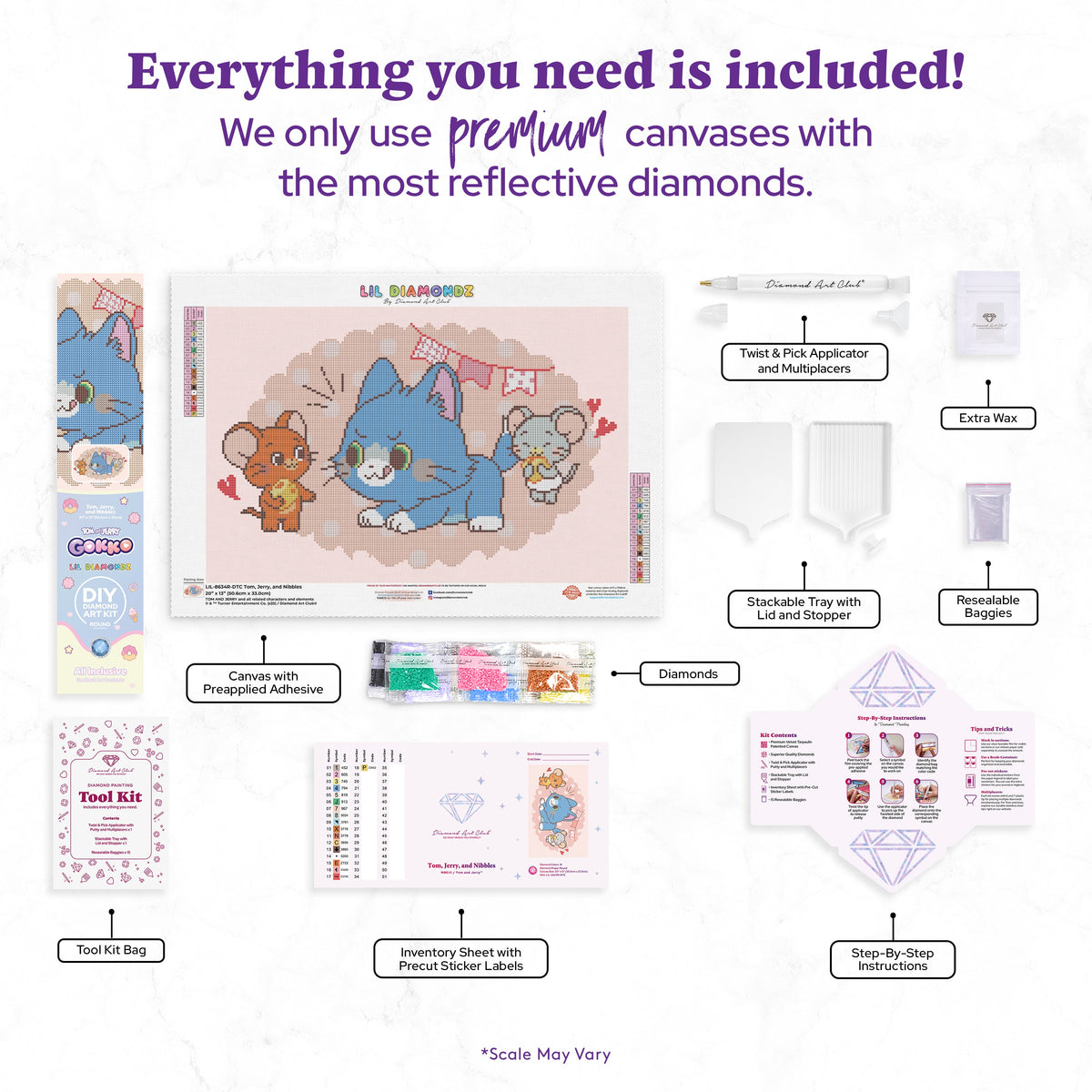 Diamond Painting Tom, Jerry, and Nibbles 20" x 13" (50.6cm x 33cm) / Round With 18 Colors Including 4 Fairy Dust Diamonds / 13,105