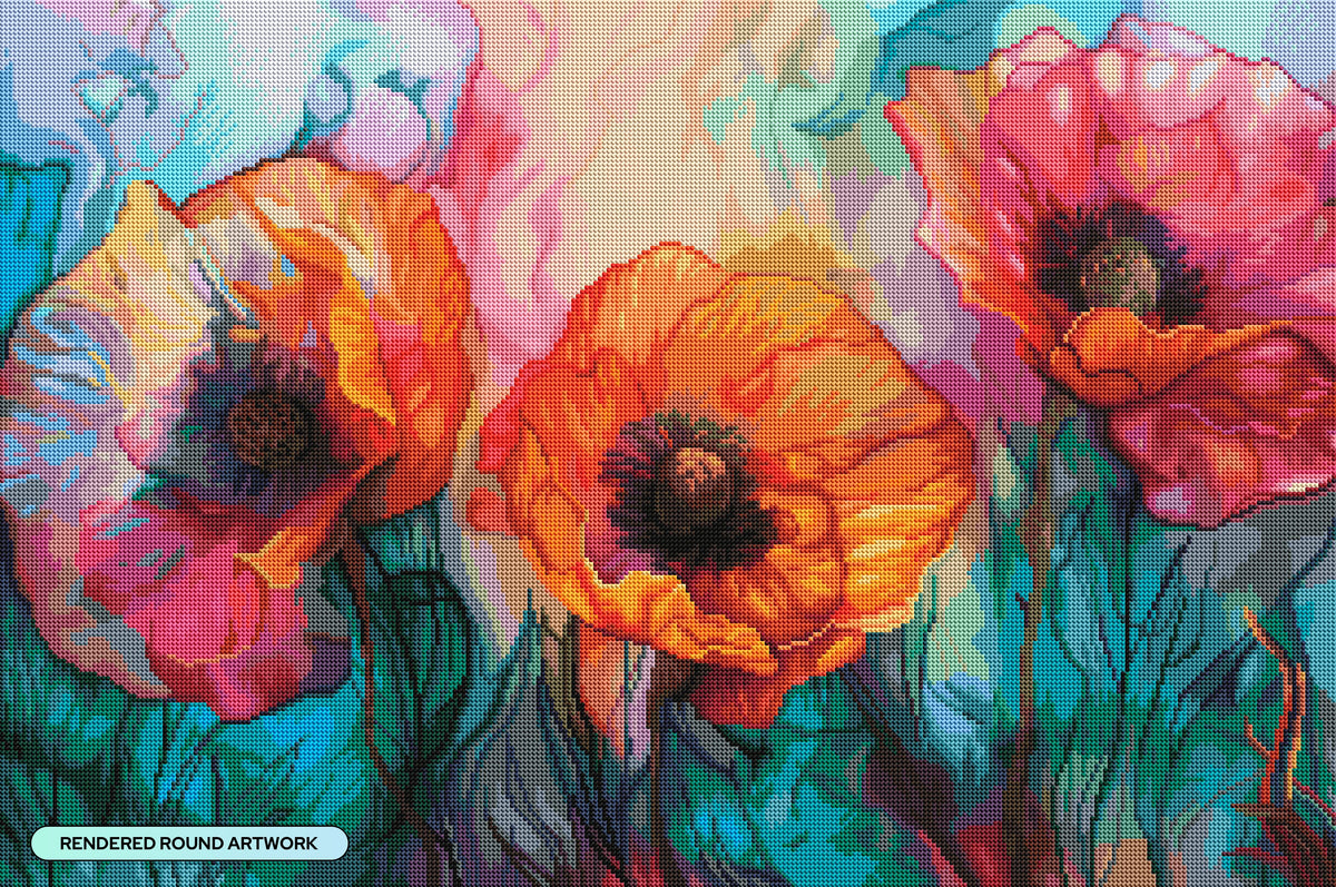 Diamond Painting Trio of Poppies 33" x 22" (83.7cm x 55.6cm) / Round with 76 Colors including 3 ABs and 3 Fairy Dust Diamonds / 61,408
