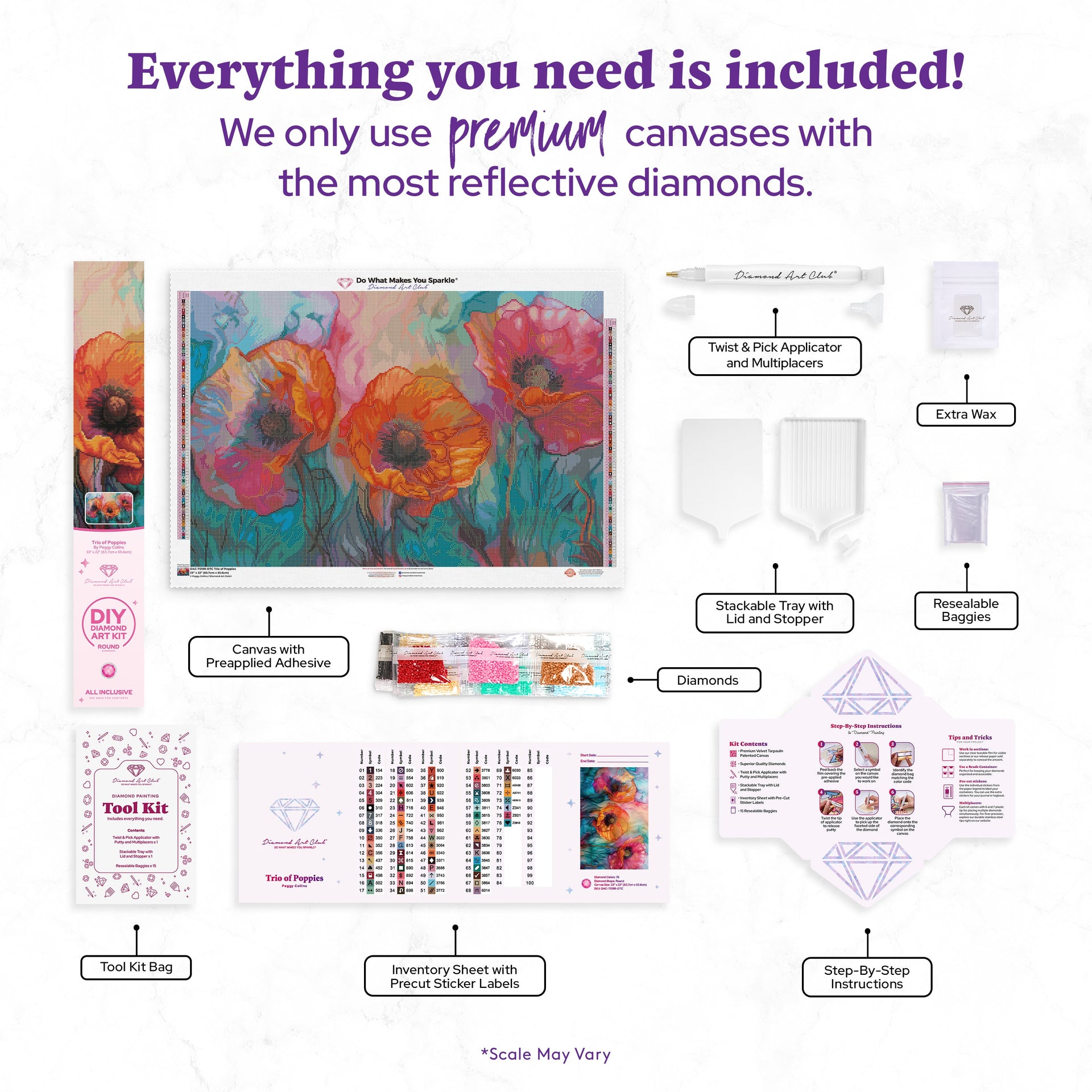 Diamond Painting Trio of Poppies 33" x 22" (83.7cm x 55.6cm) / Round with 76 Colors including 3 ABs and 3 Fairy Dust Diamonds / 61,408