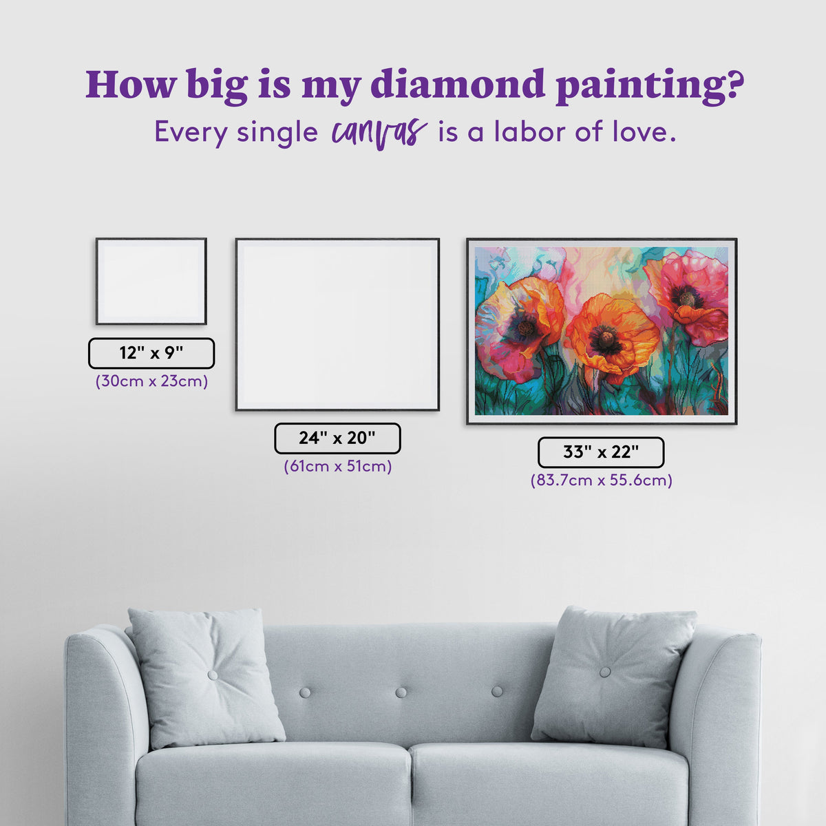 Diamond Painting Trio of Poppies 33" x 22" (83.7cm x 55.6cm) / Round with 76 Colors including 3 ABs and 3 Fairy Dust Diamonds / 61,408