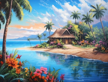 Diamond Painting Tropical Island Hut 29" x 22" (73.4cm x 55.8cm) / Square with 57 Colors including 2 ABs and 2 Fairy Dust Diamonds / 66,080