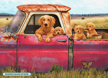 Diamond Painting Truck and Goldens 37.8" x 27.6" (96cm x 70cm) / Square with 75 Colors including 1 AB and 4 Fairy Dust Diamonds / 108,185