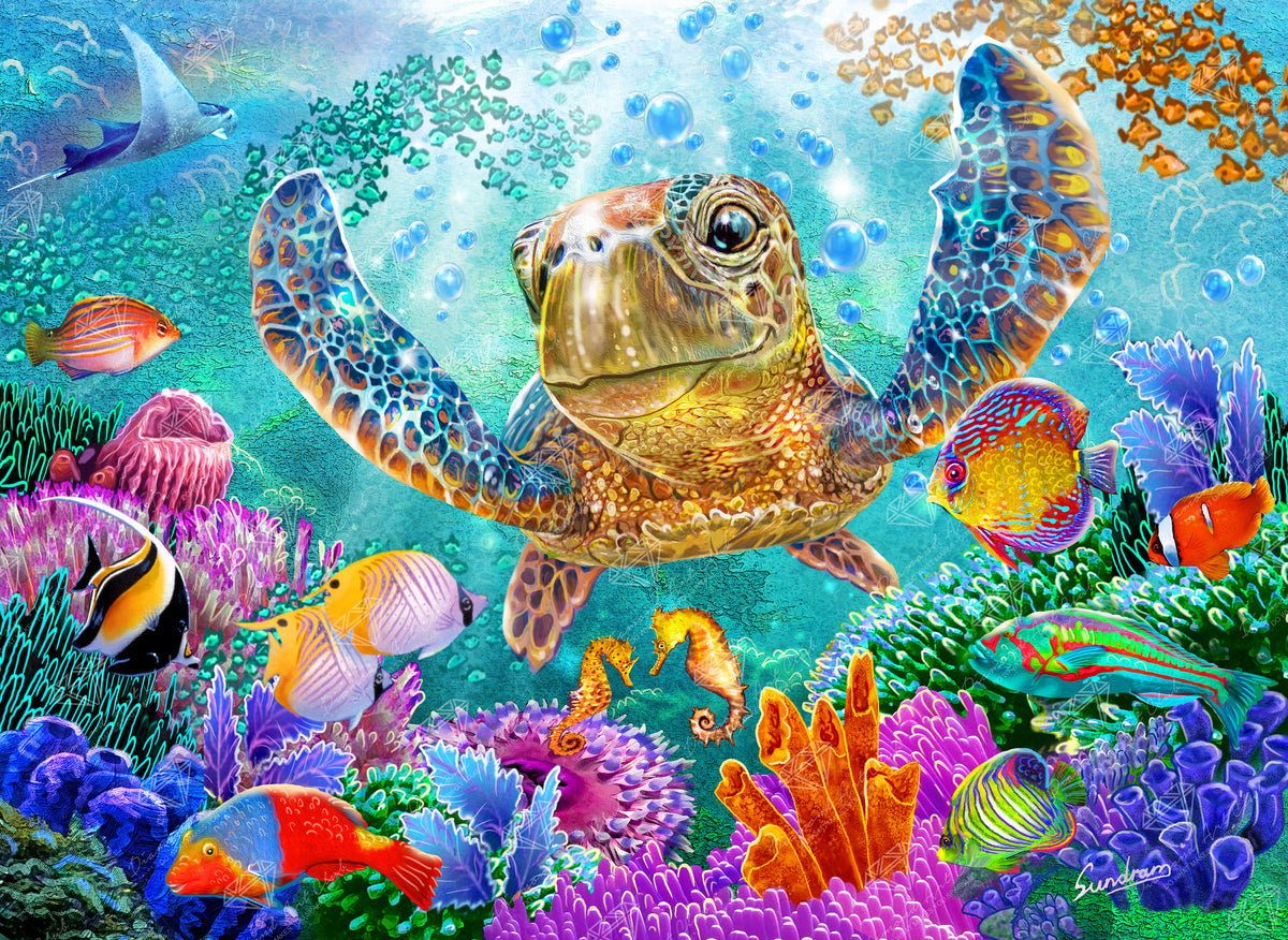 Diamond Painting Turtle Flight 37.8" x 27.6" (95.8cm x 69.9cm) / Square with 92 Colors including 2 ABs and 7 Fairy Dust Diamonds / 108,185