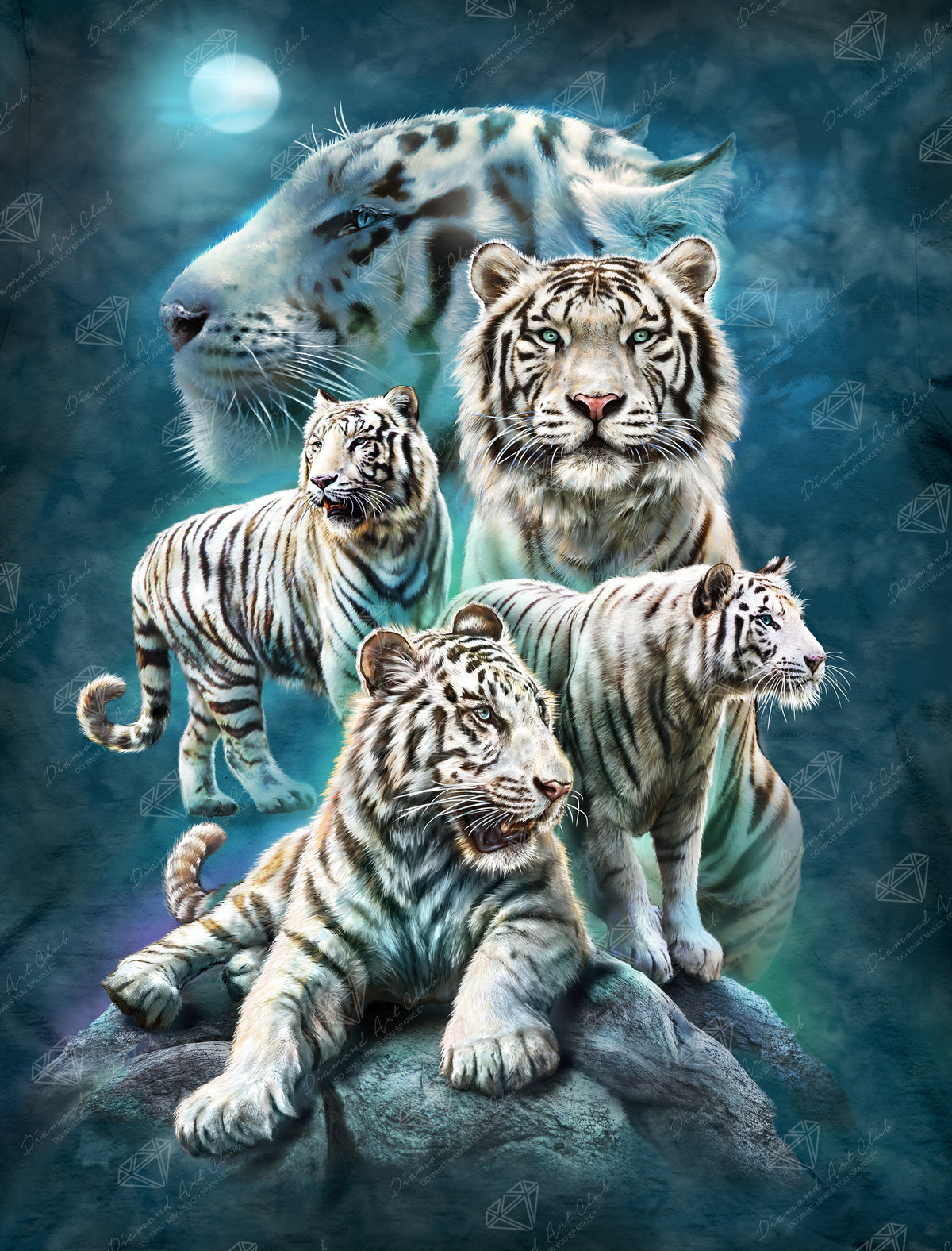 Diamond Painting Twilight White Tigers 27.6" x 36.2" (69.9cm x 91.8cm) / Square with 51 Colors including 1 AB and 3 Fairy Dust Diamonds / 103,689