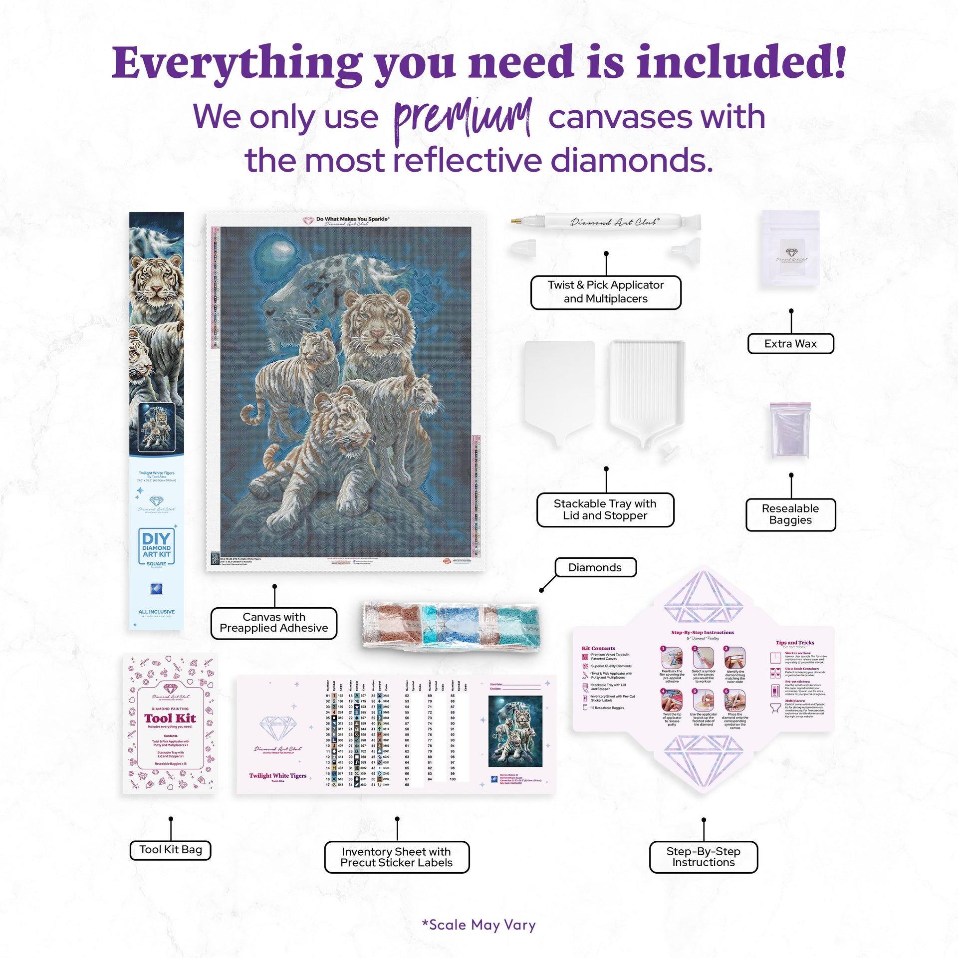 Diamond Painting Twilight White Tigers 27.6" x 36.2" (69.9cm x 91.8cm) / Square with 51 Colors including 1 AB and 3 Fairy Dust Diamonds / 103,689