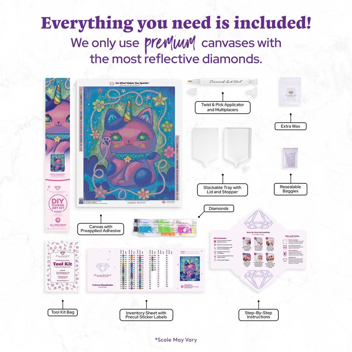 Diamond Painting Unicorn Manekineko 22" x 27" (55.6cm x 68.8cm) / Round with 59 Colors including 3 ABs and 2 Fairy Dust Diamonds / 50,500