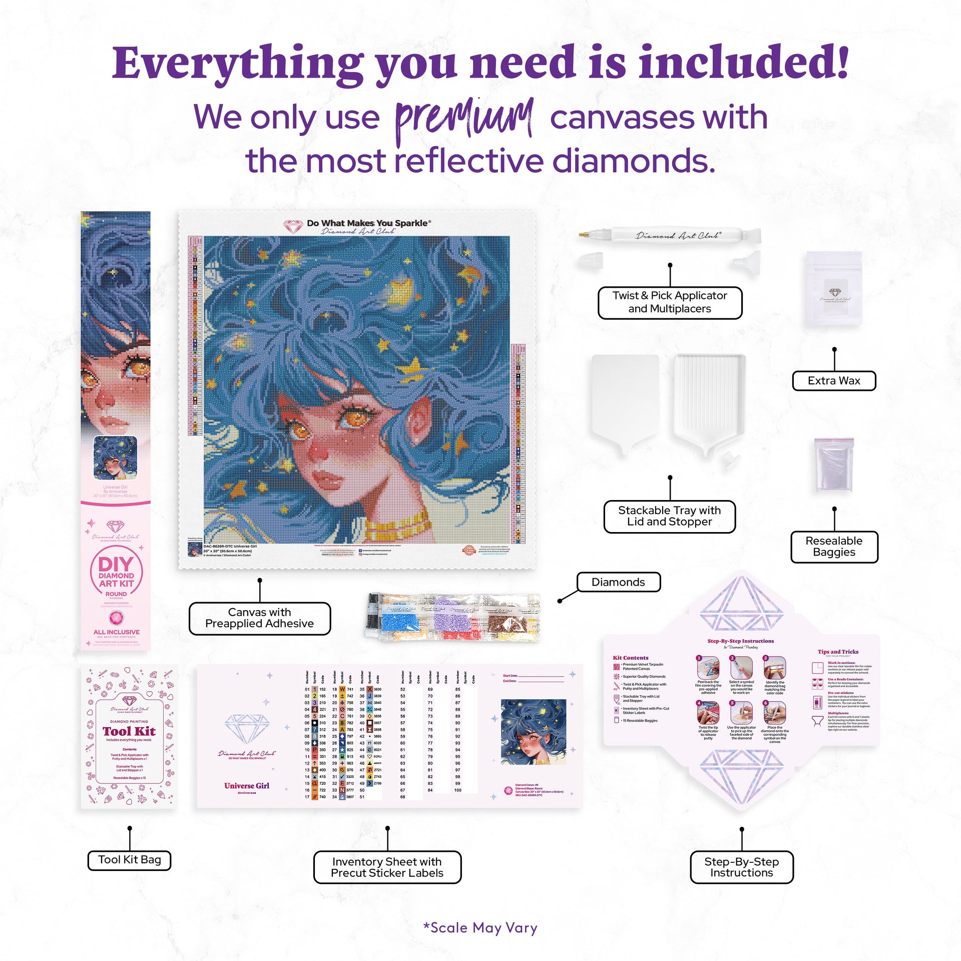 Diamond Painting Universe Girl 20" x 20" (50.6cm x 50.6cm) / Round with 49 Colors including 1 AB and 3 Fairy Dust Diamonds / 33,856
