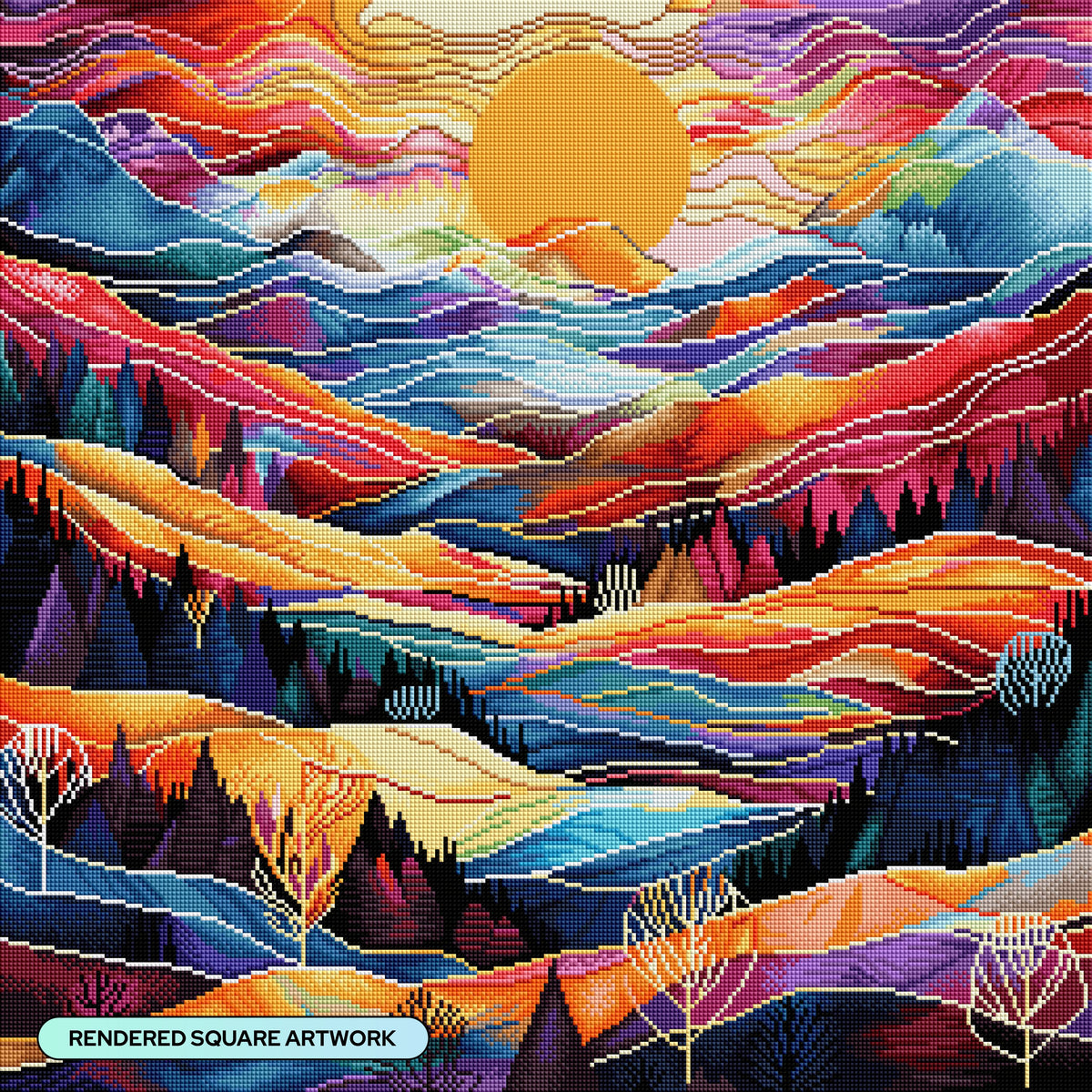 Diamond Painting Valley Sunset 25.6" x 25.6" (65cm x 65cm) / Square with 70 Colors including 3 ABs and 1 Iridescent Diamond and 4 Fairy Dust Diamonds / 68,121