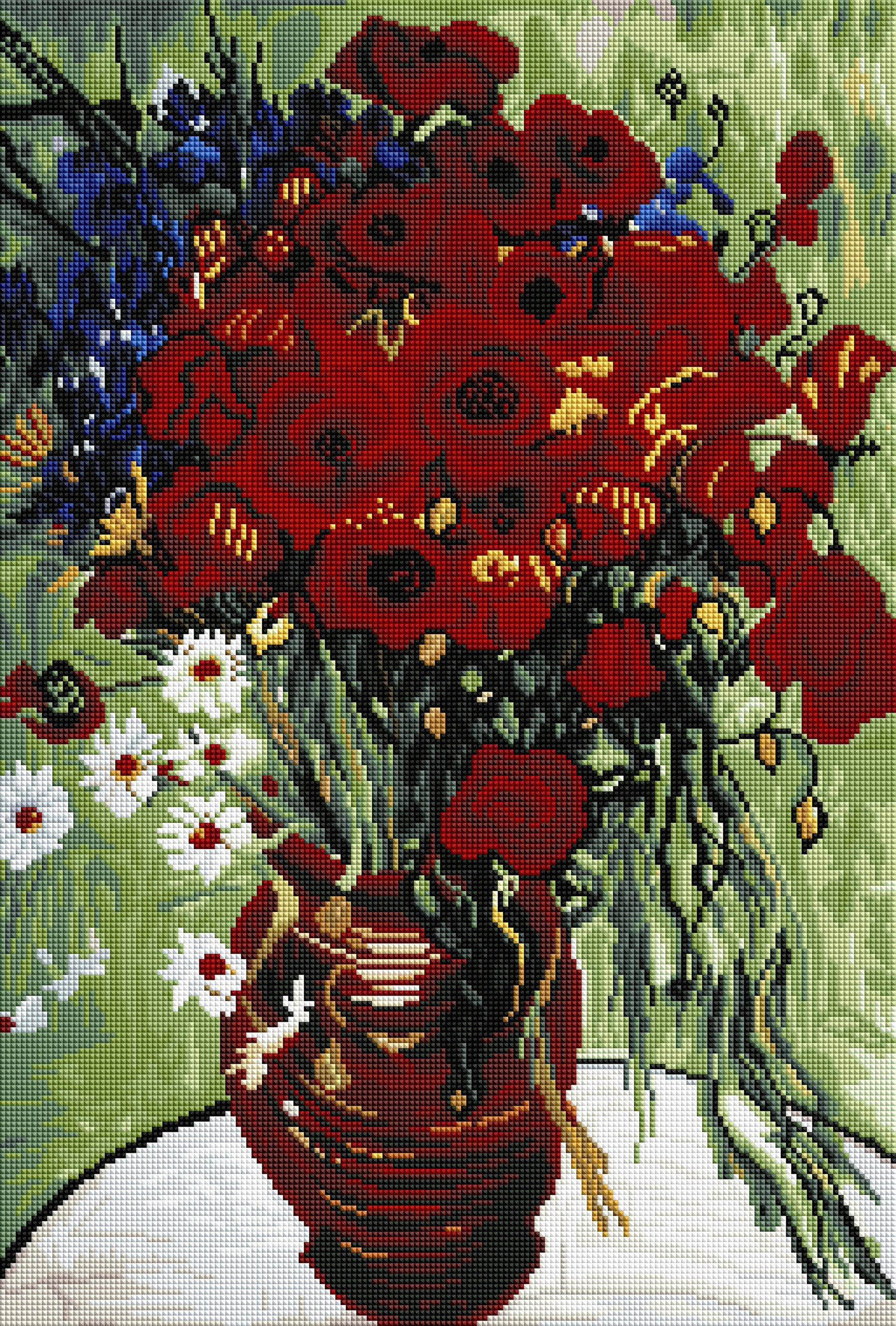 Diamond Painting Vase Avec Marguerites At Coquelicot 17" x 25" (43cm x 64cm) / Square With 41 Colors Including 4 ABs / 43,263