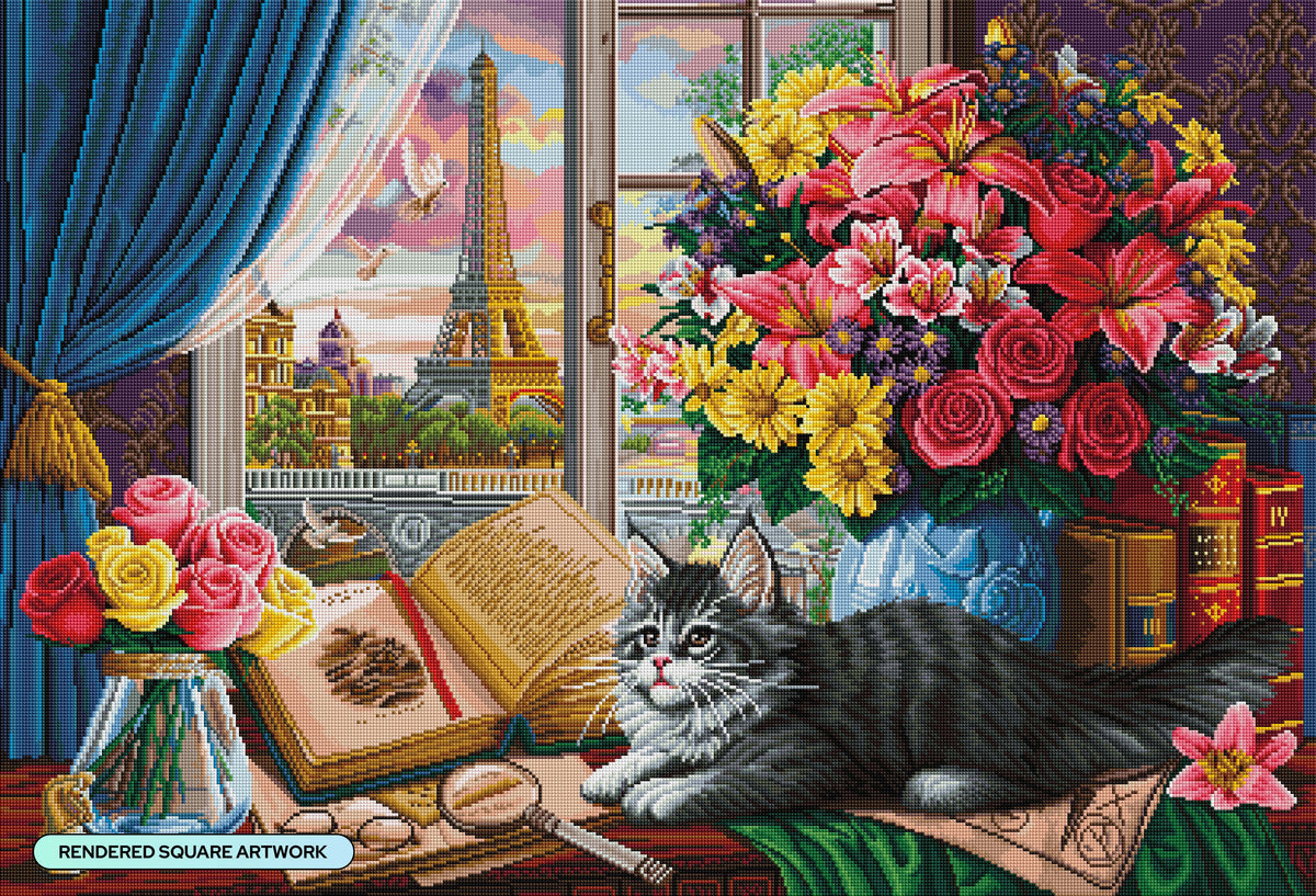 Diamond Painting View of the Eiffel Tower from the Window 40.6" x 27.6" (102.8cm x 69.9cm) / Square with 68 Colors including 2 ABs and 5 Fairy Dust Diamonds / 116,053