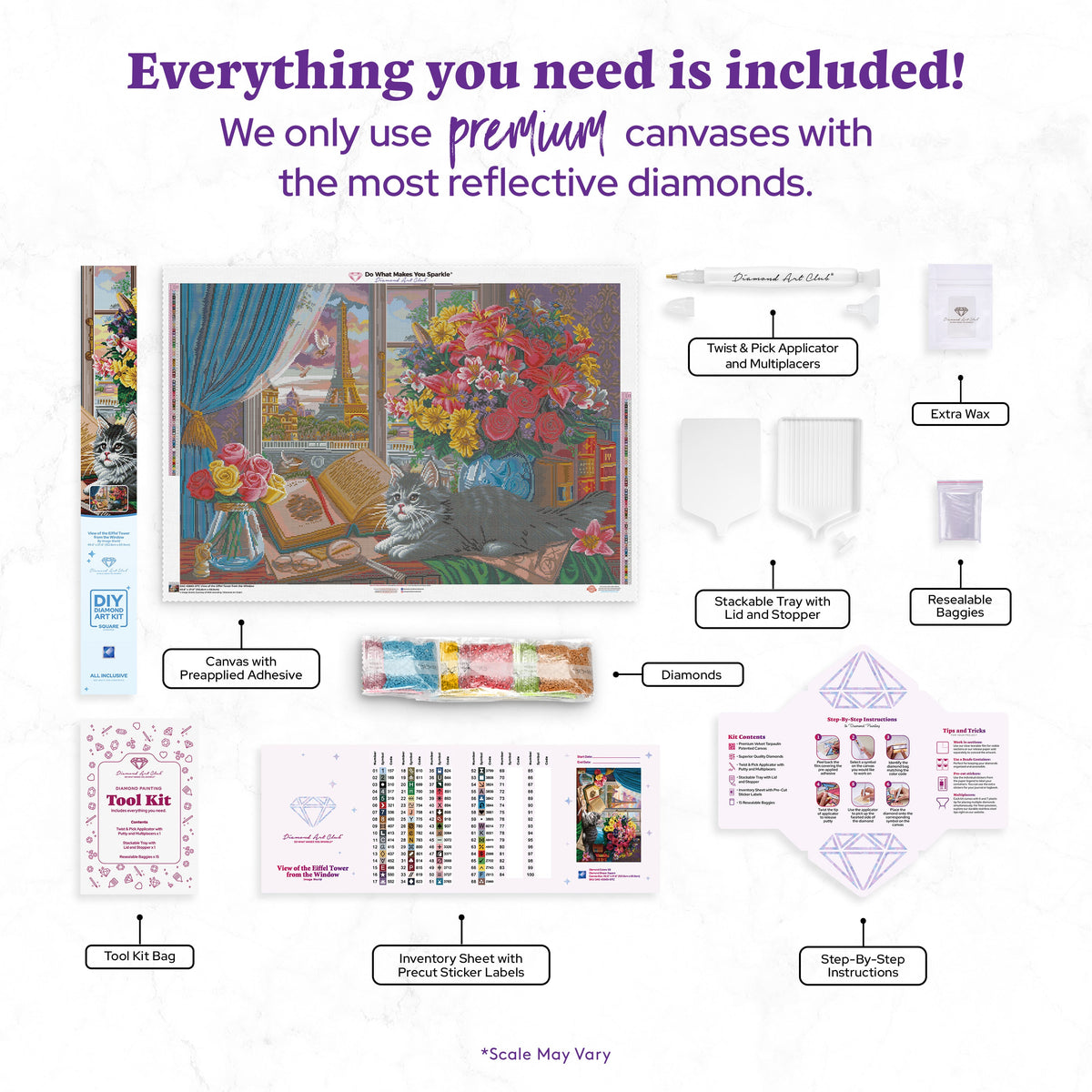 Diamond Painting View of the Eiffel Tower from the Window 40.6" x 27.6" (102.8cm x 69.9cm) / Square with 68 Colors including 2 ABs and 5 Fairy Dust Diamonds / 116,053