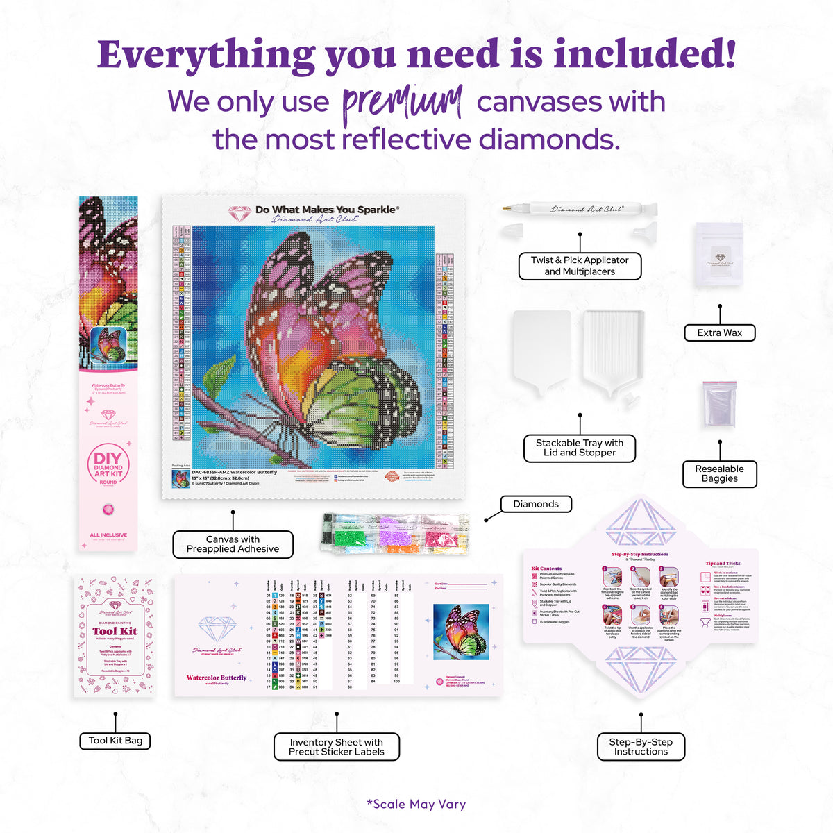 Diamond Painting Watercolor Butterfly 13" x 13" (32.8cm x 32.8cm) / Round with 42 Colors including 3 ABs and 2 Fairy Dust Diamonds / 13,689